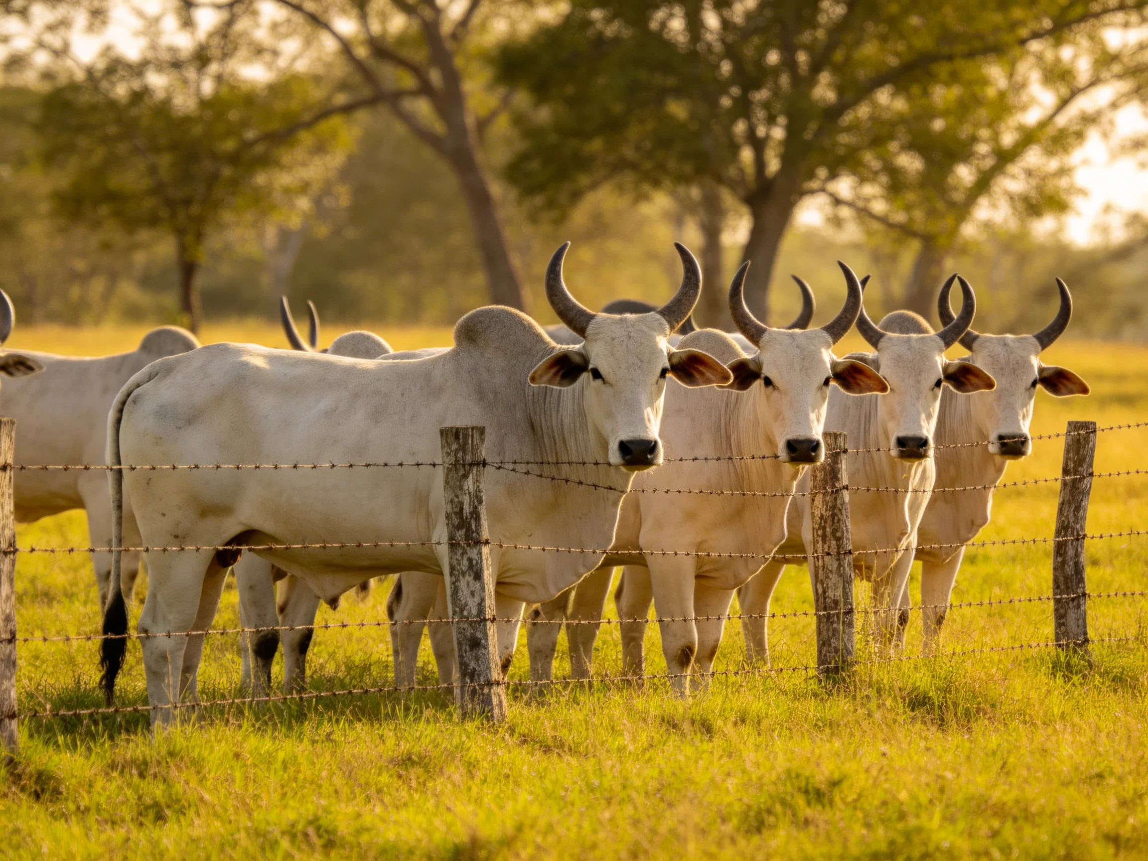 A group of white horned cattle near a barbed wire fence in a sunlit pasture