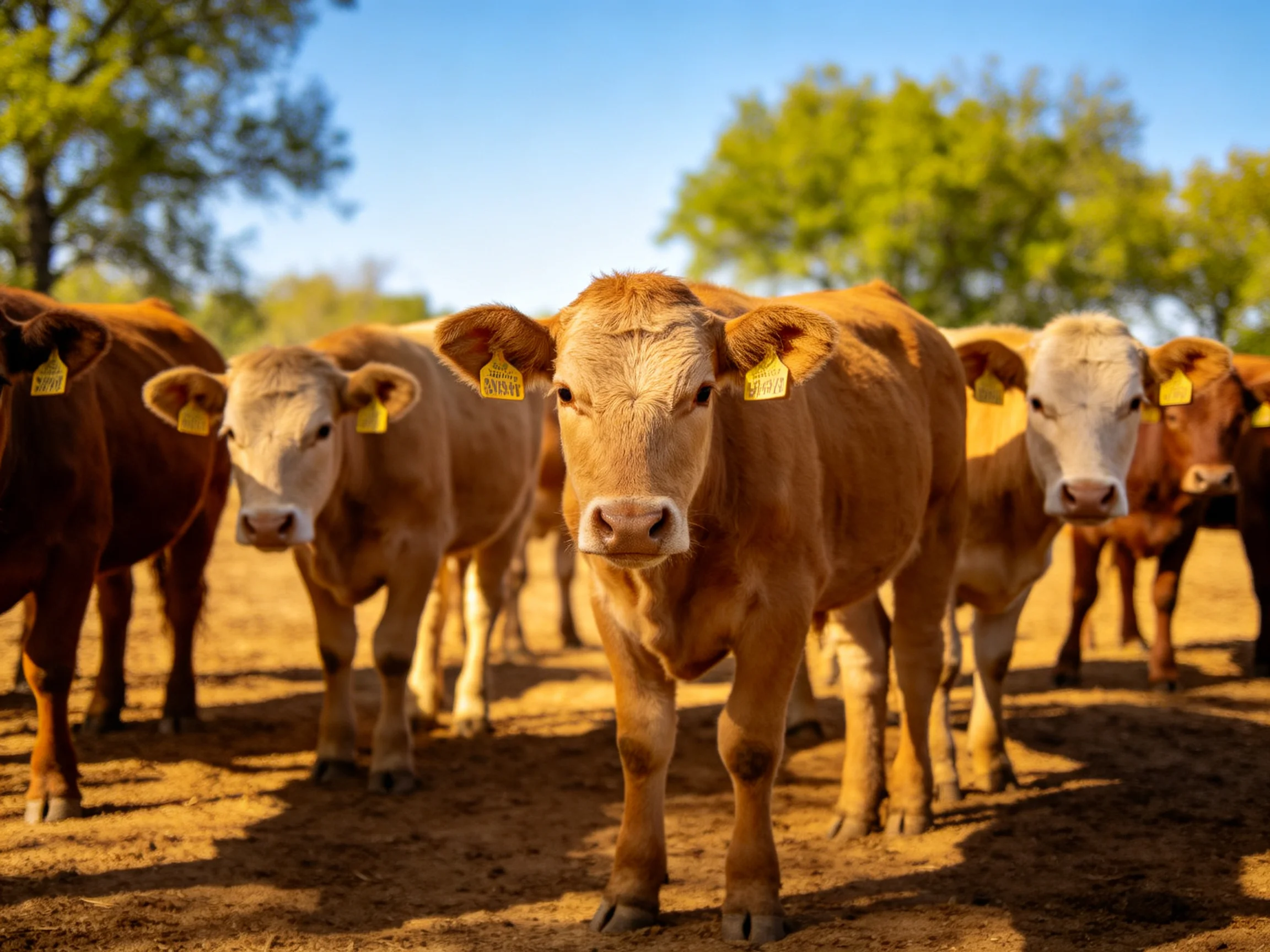 A group of young brown and tan calves gathered in a sunny field