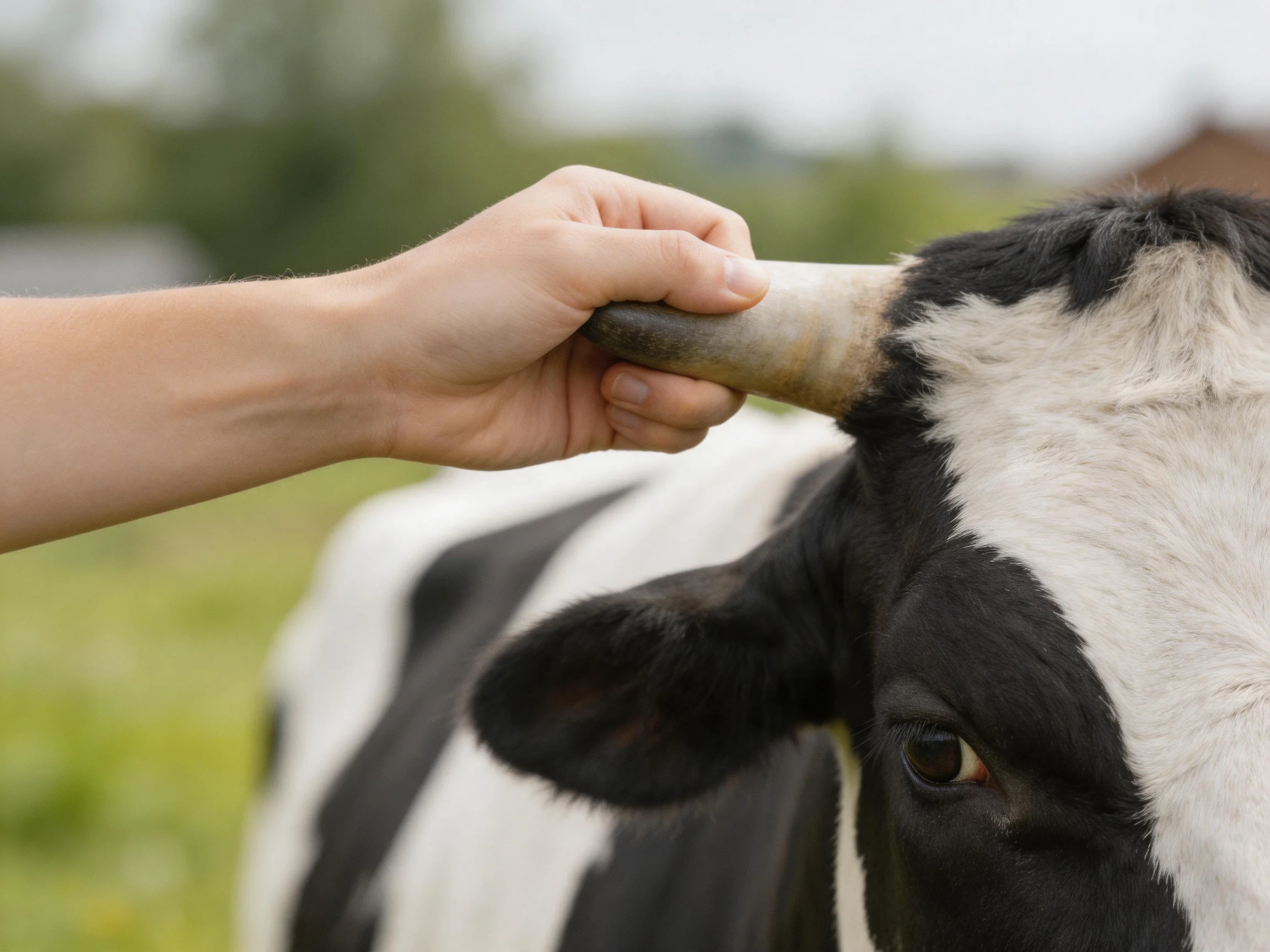 A hand gripping a black - and - white cows horn in a rural landscape
