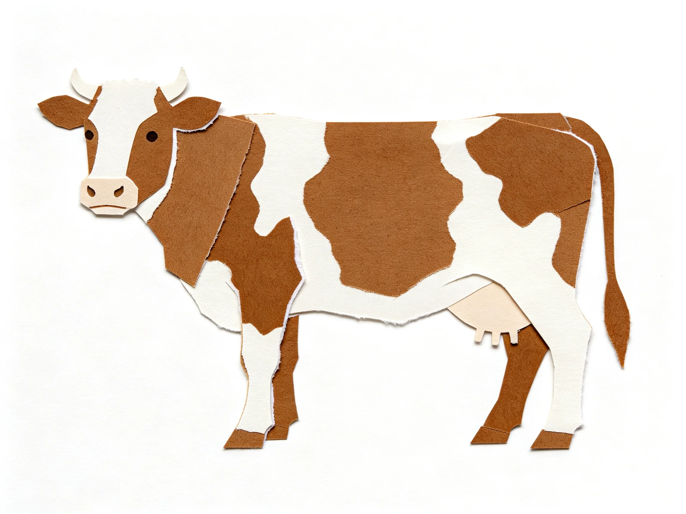 A handcrafted paper art of a brown and white spotted cow