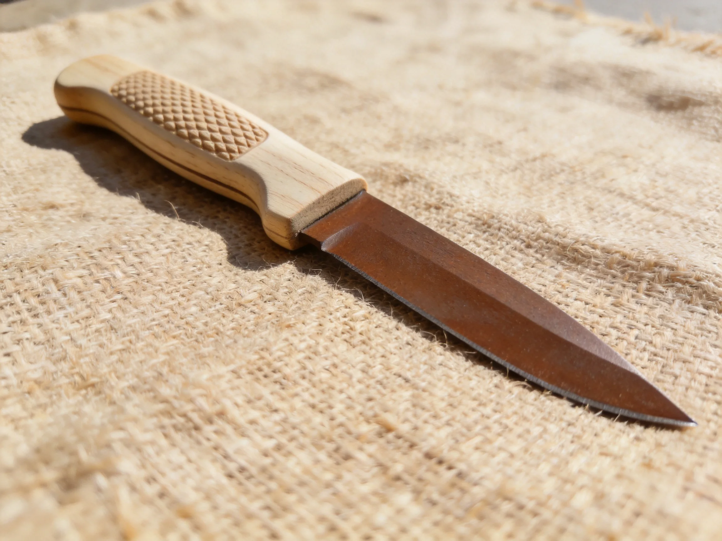 A handcrafted wooden-handled knife rests on textured burlap fabric