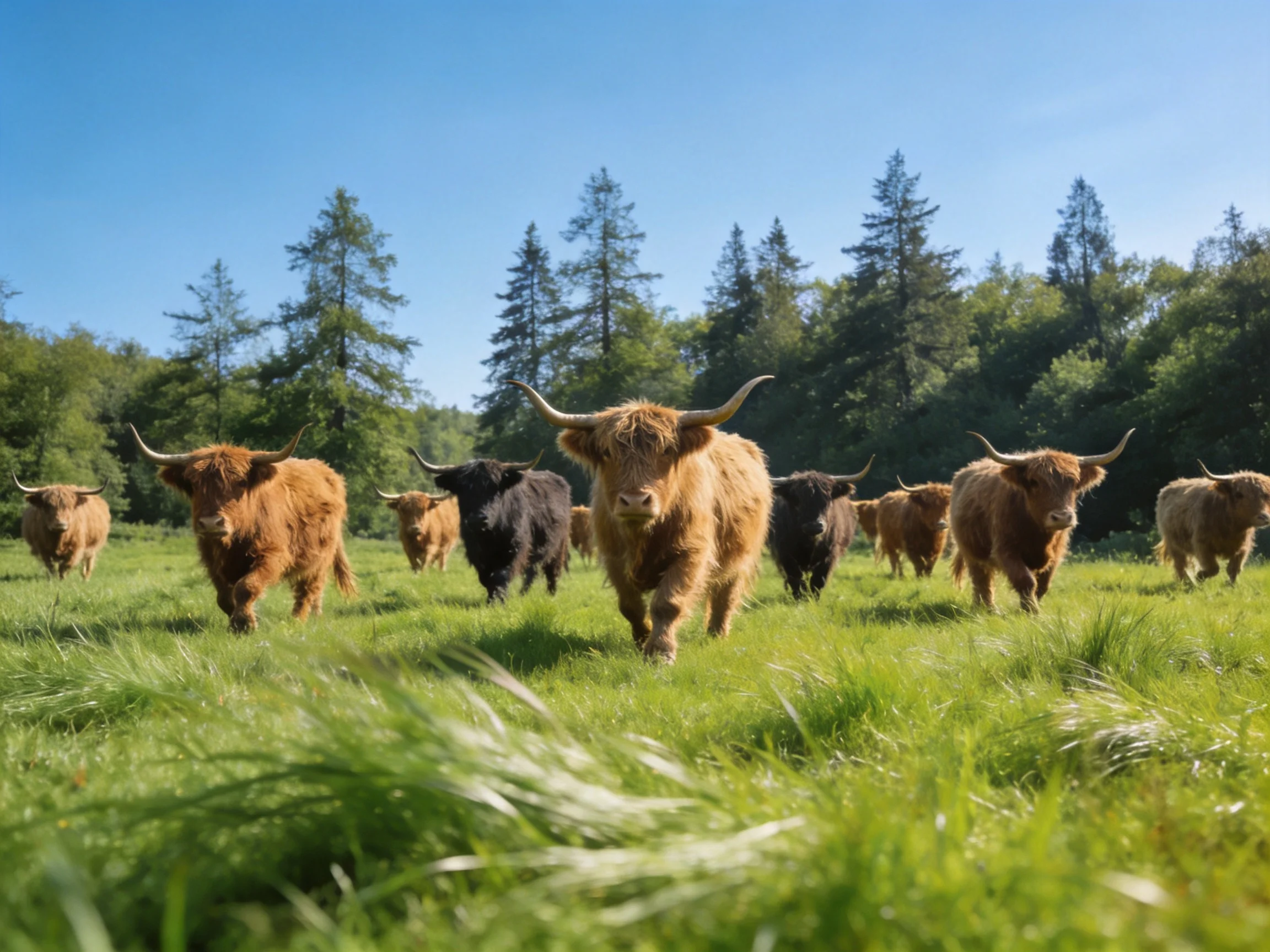 A herd of Highland cattle roams a lush green meadow near tall evergreens