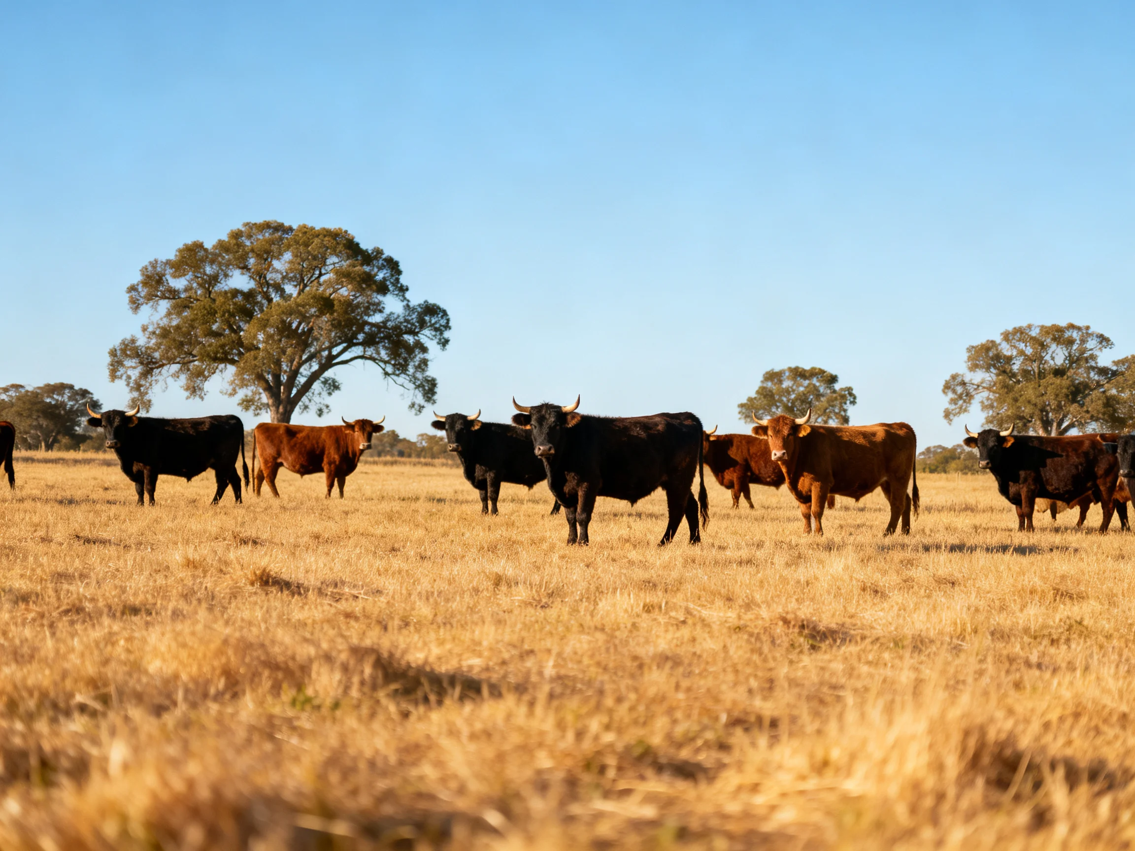 A herd of black and brown cattle grazing in a golden field near large trees