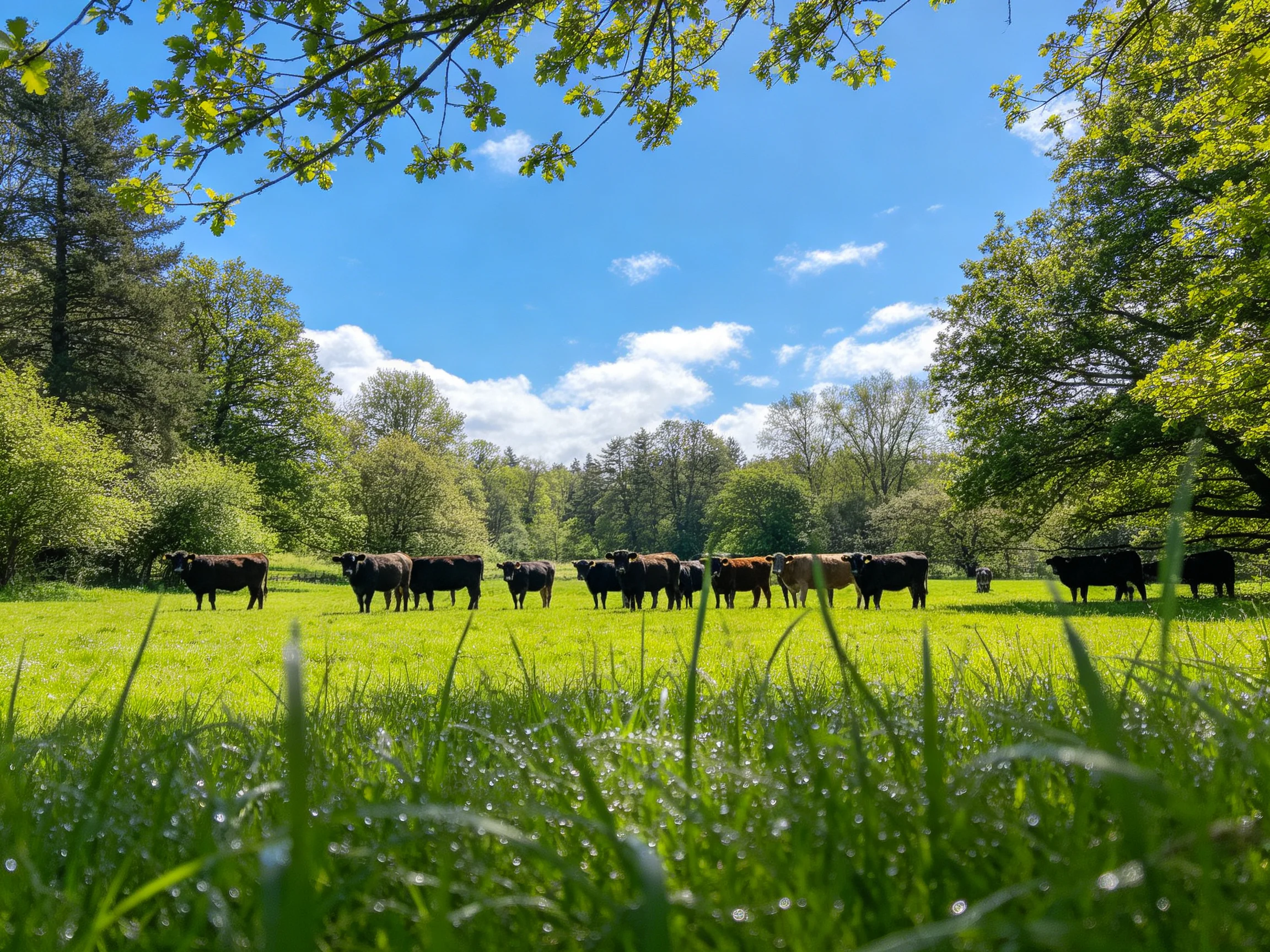 A herd of black and brown cows grazes in a lush green meadow