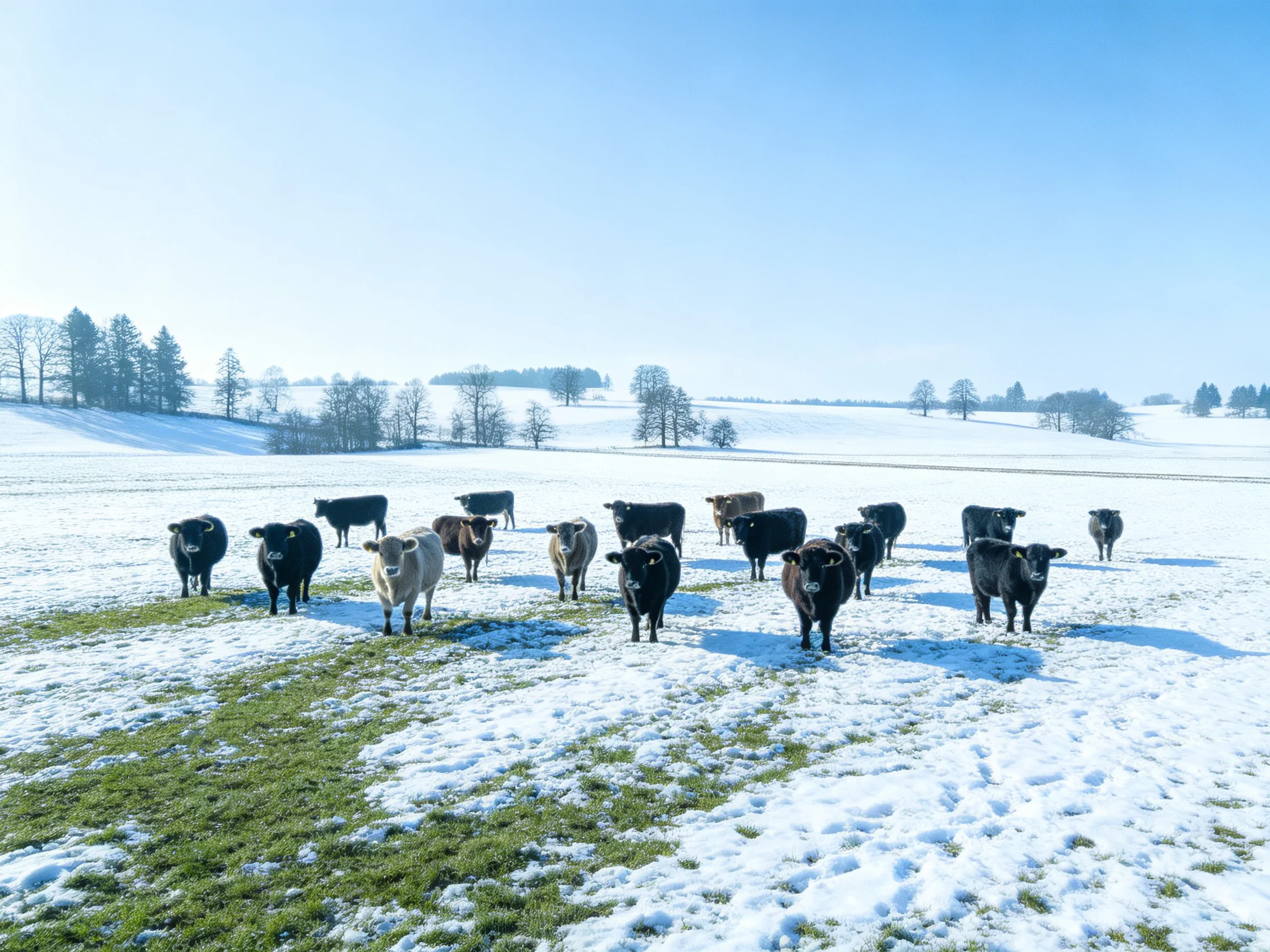A herd of black and brown cows in a snowy, grassy field