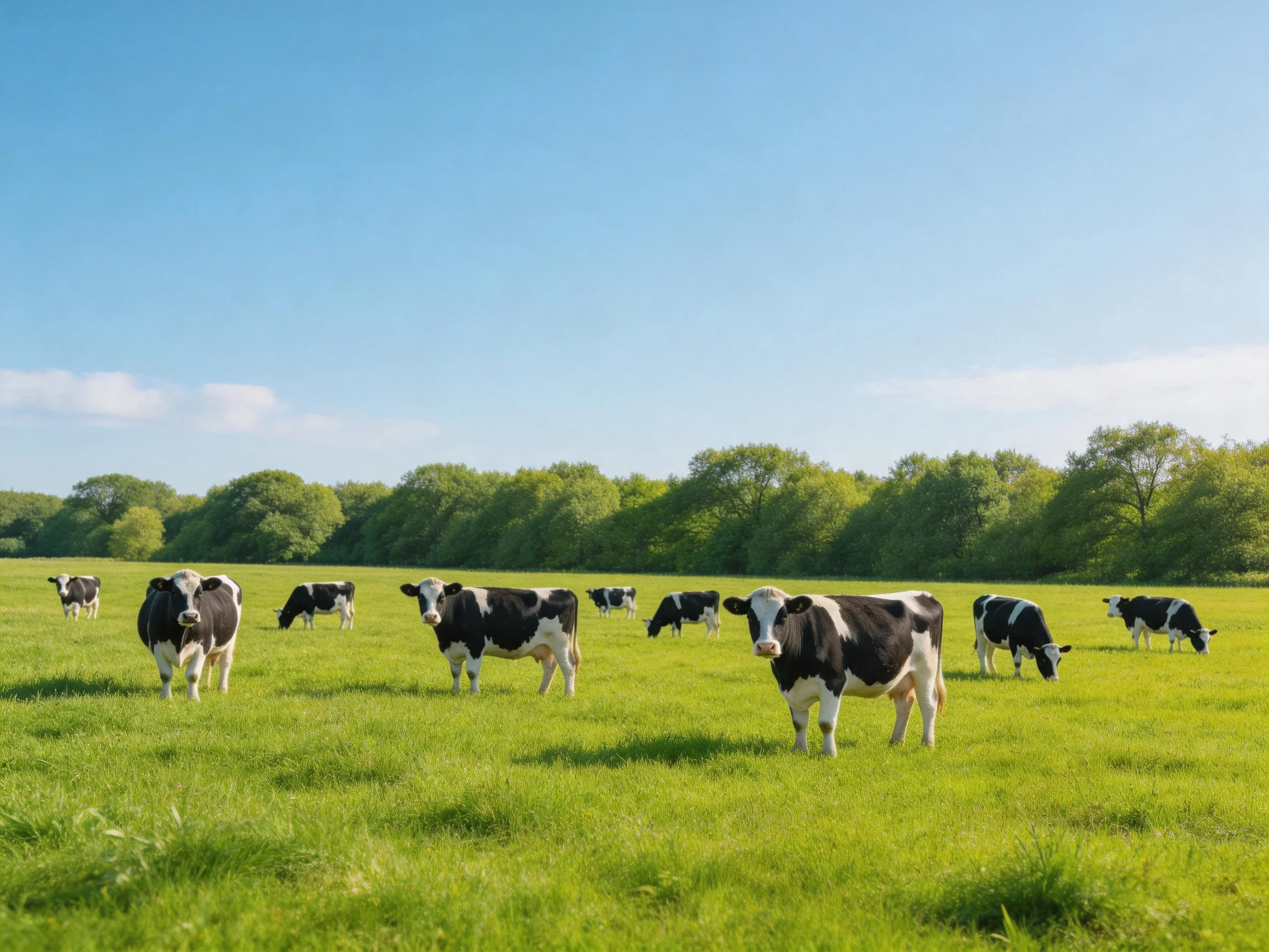 A herd of black-and-white cows grazes in a sunny green pasture