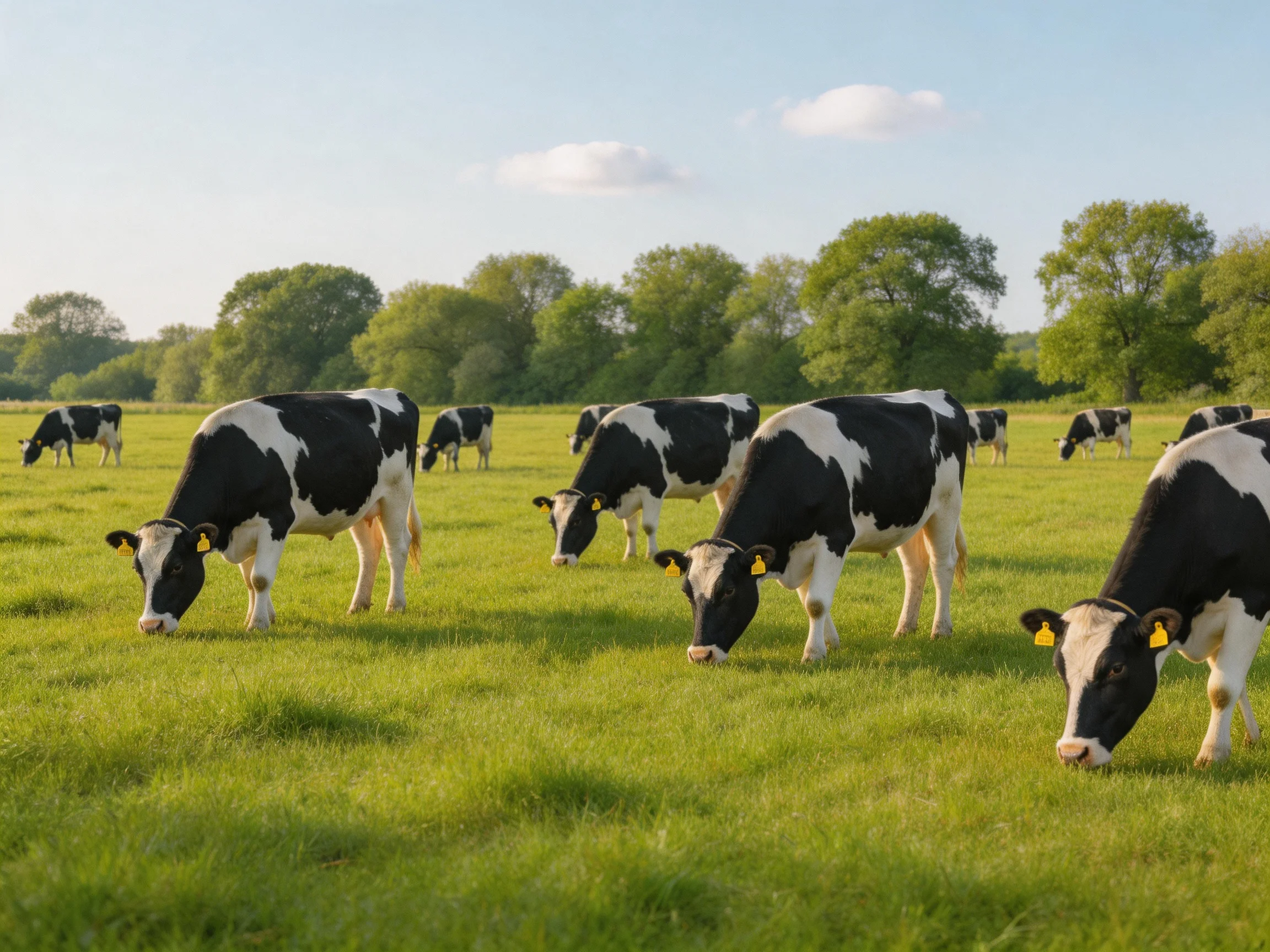 A herd of black-and-white cows grazing in a lush green pasture