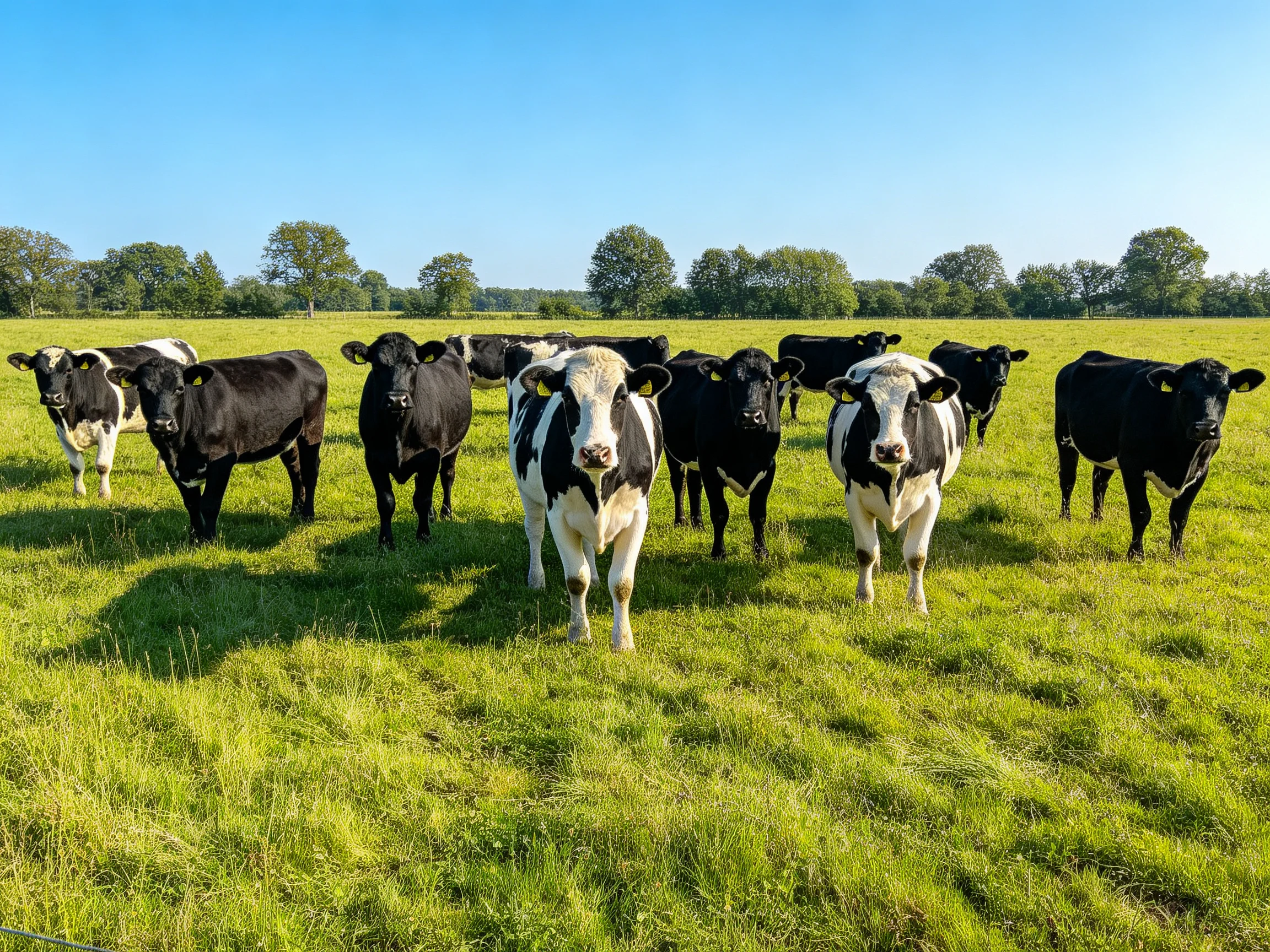 A herd of black and white cows in a sunny green pasture