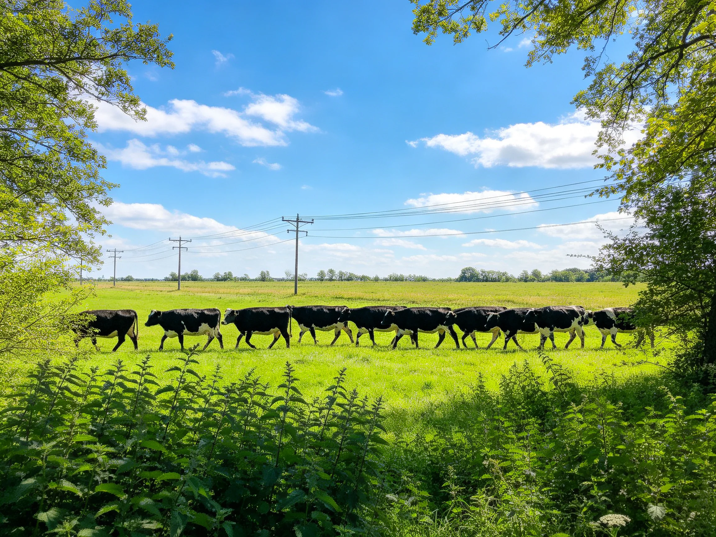 A herd of black-and-white cows marches through a lush green meadow under bright blue skies