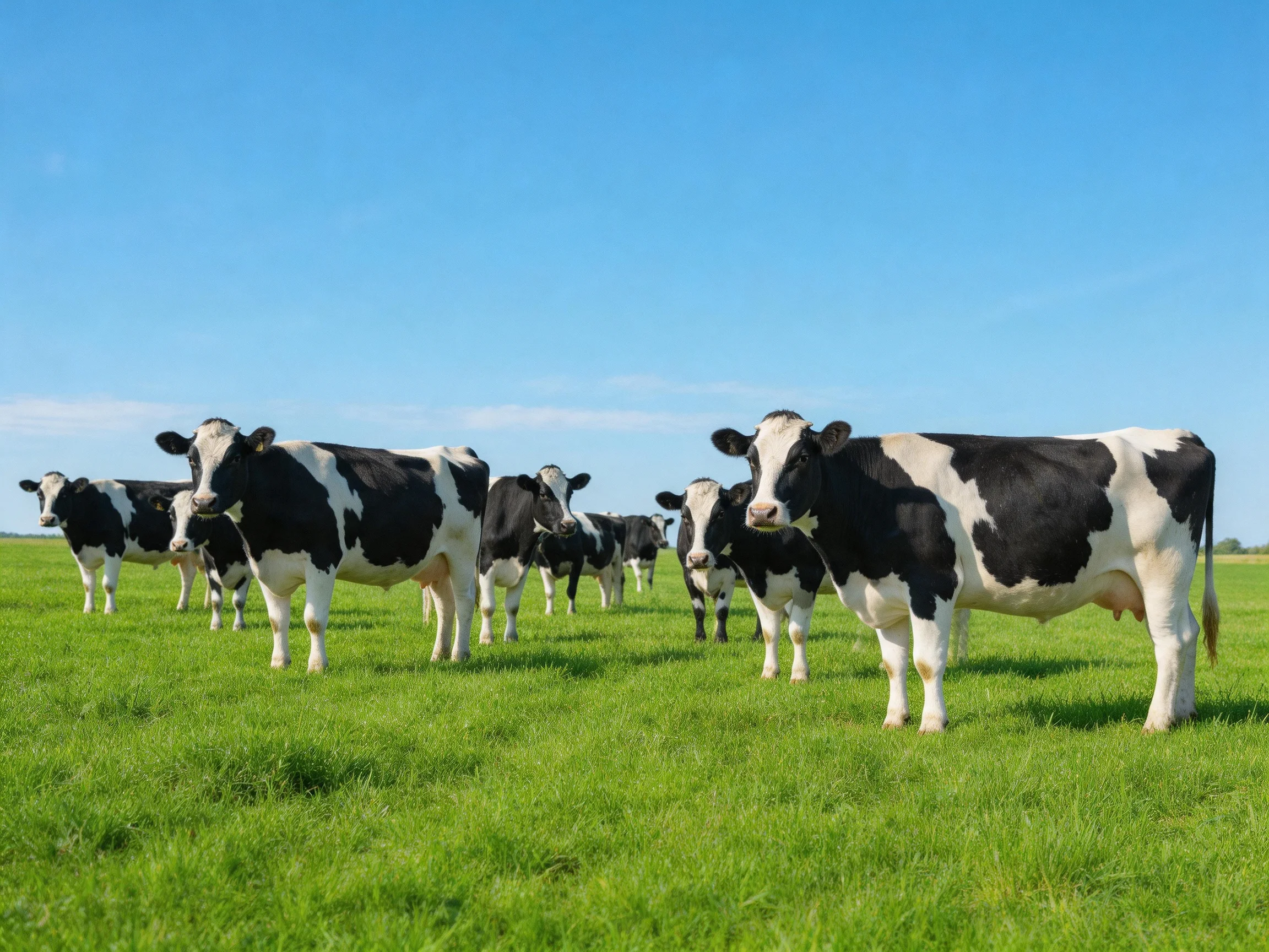 A herd of black-and-white dairy cows grazing in a lush green pasture under clear blue skies