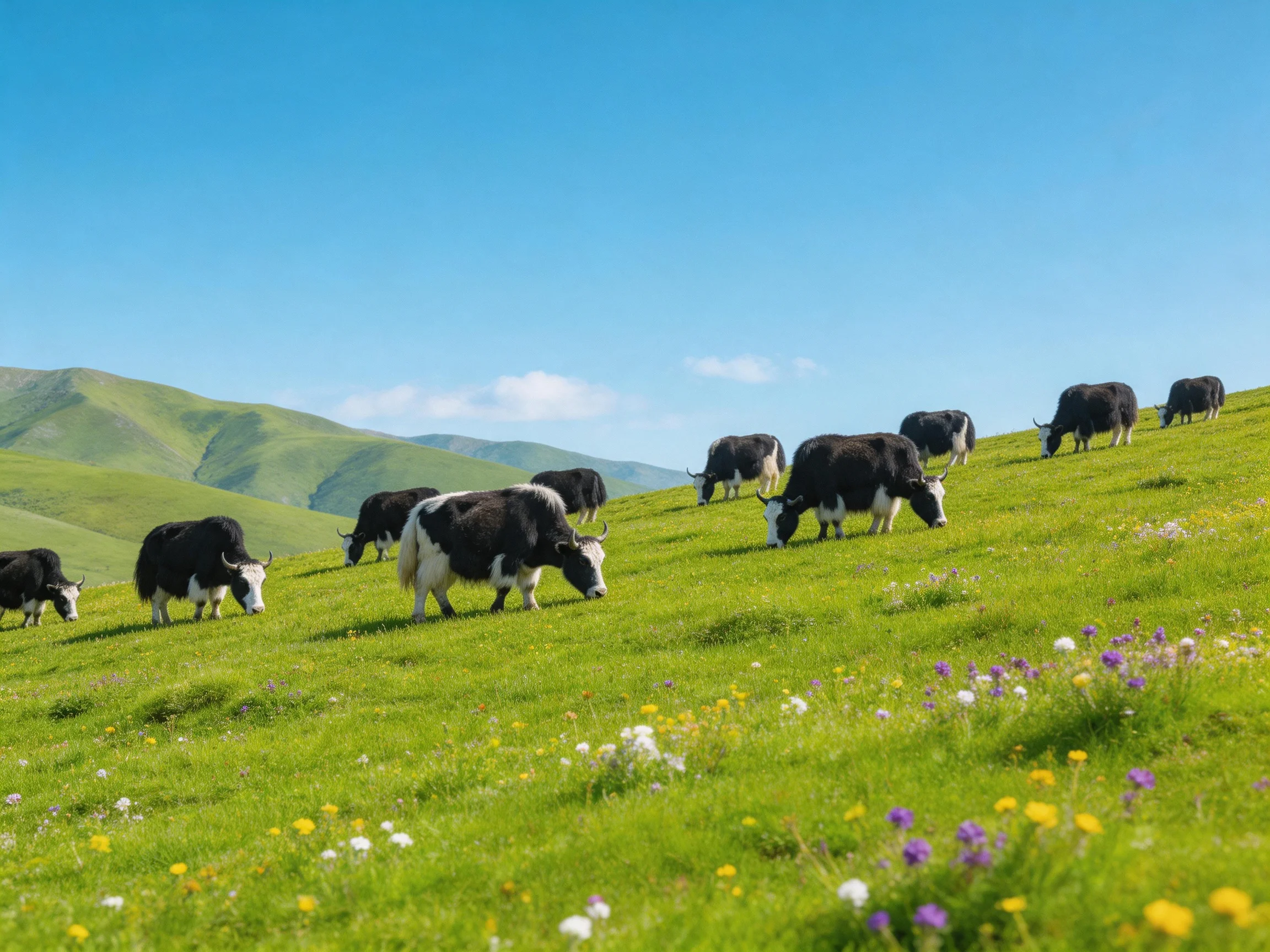 A herd of black-and-white yaks grazing on a lush green hillside