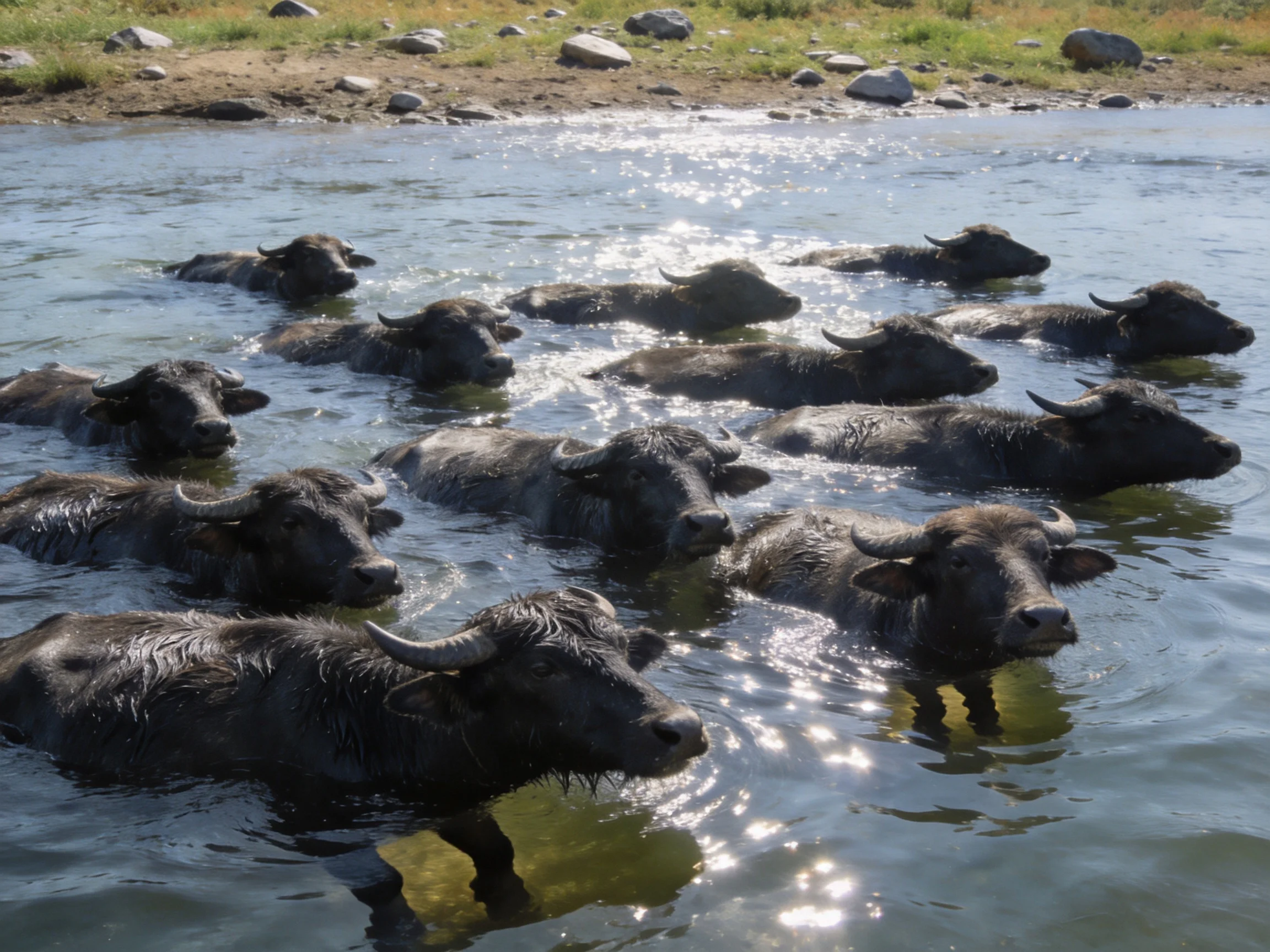 A herd of black buffalo bathing in a sunlit river