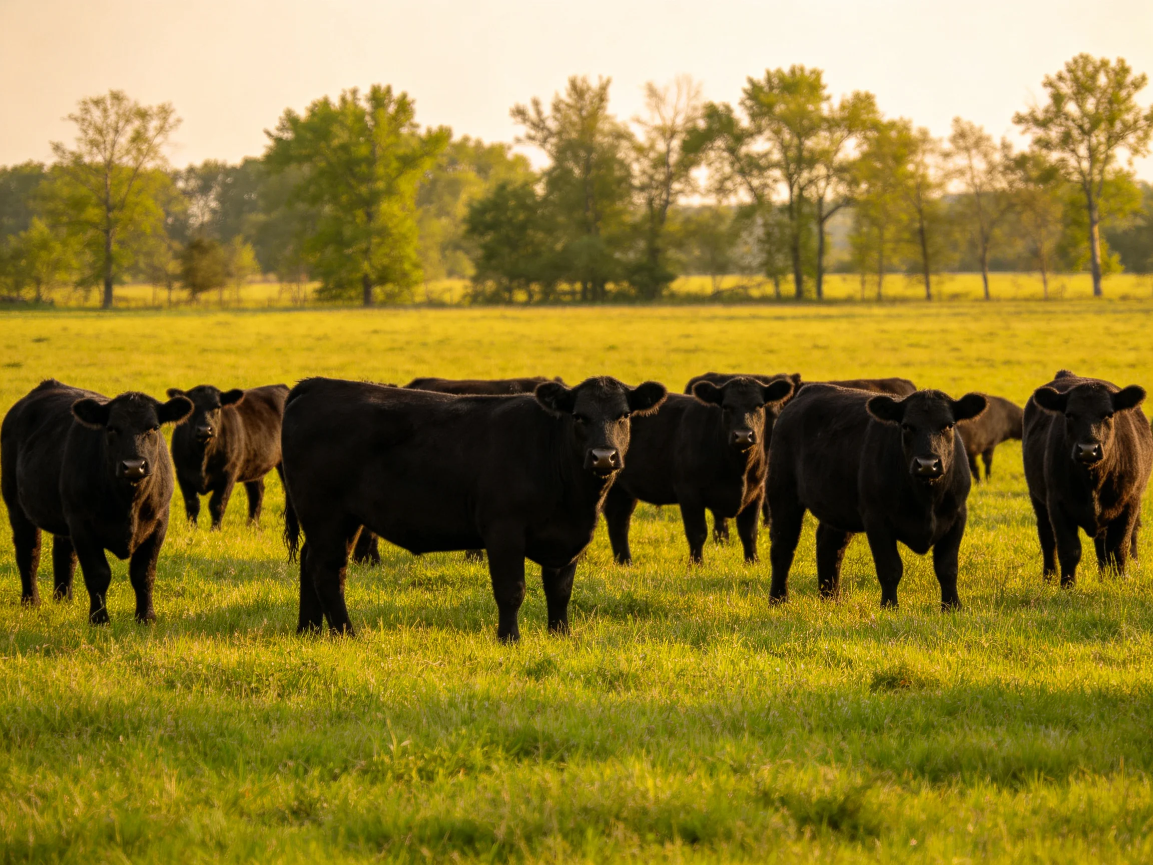 A herd of black cattle grazing in a sunlit green pasture
