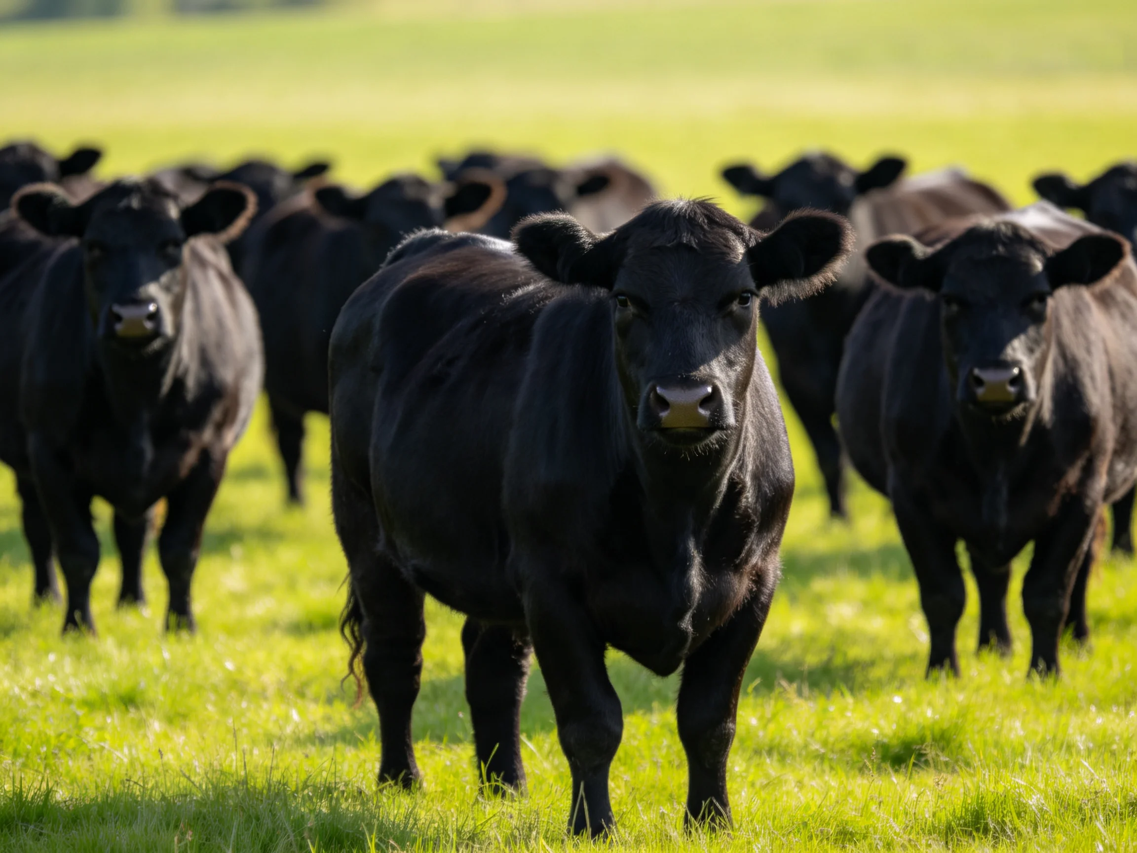 A herd of black cattle in a sunlit green pasture