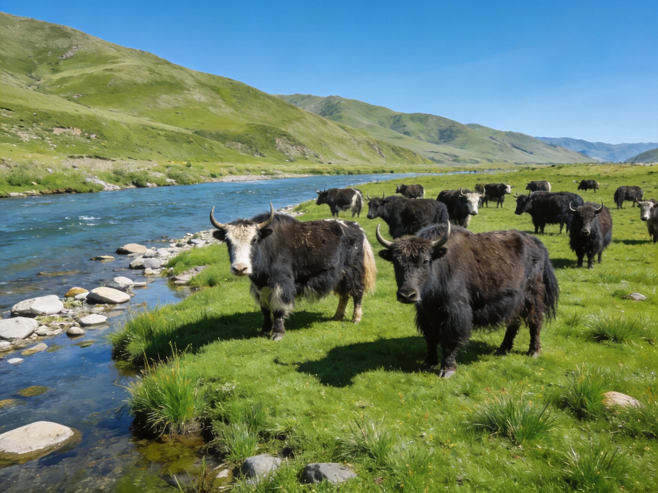 A herd of black yaks near a clear blue river with green hills