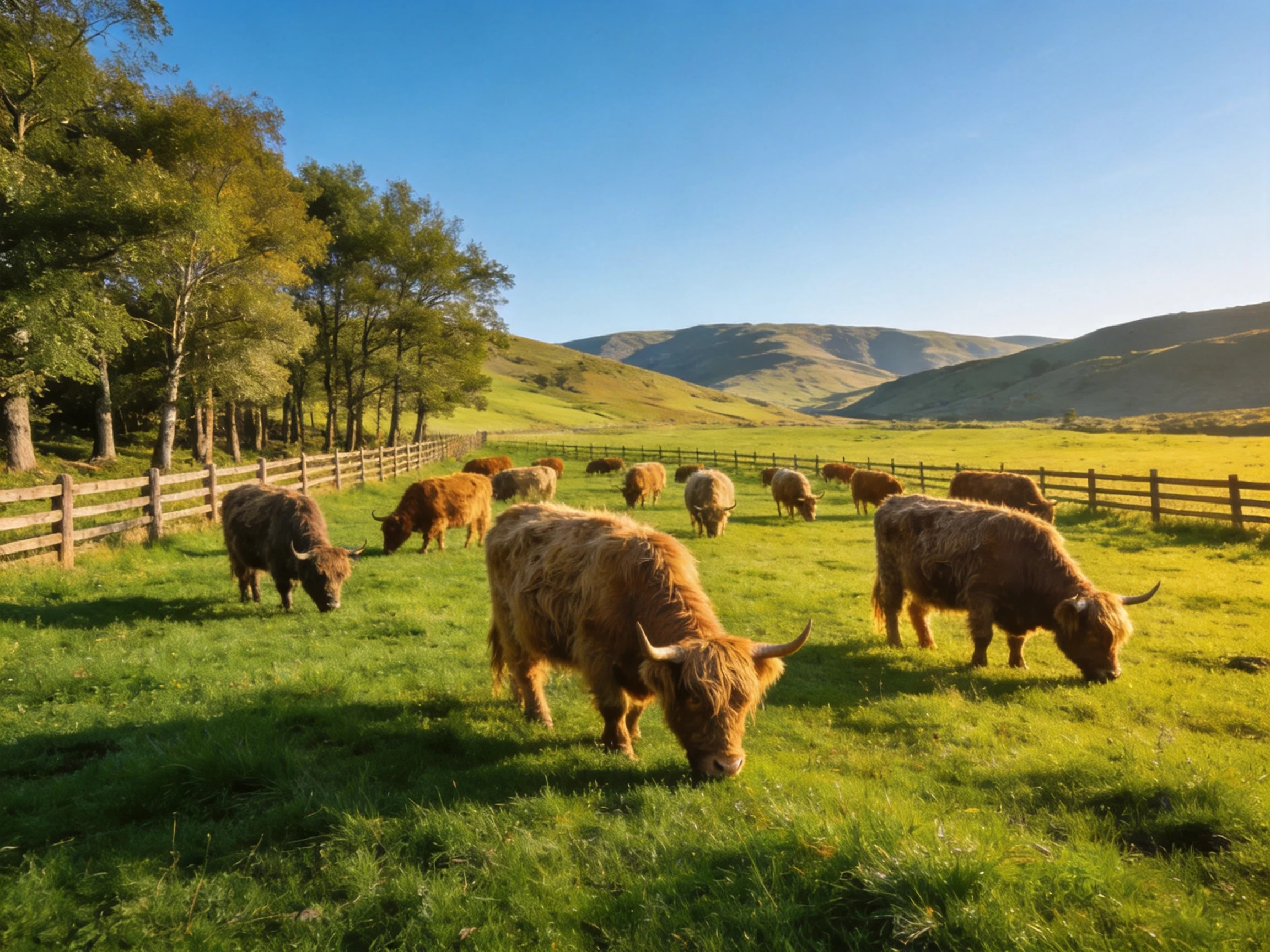 A herd of brown Highland cattle graze in a sunlit green pasture