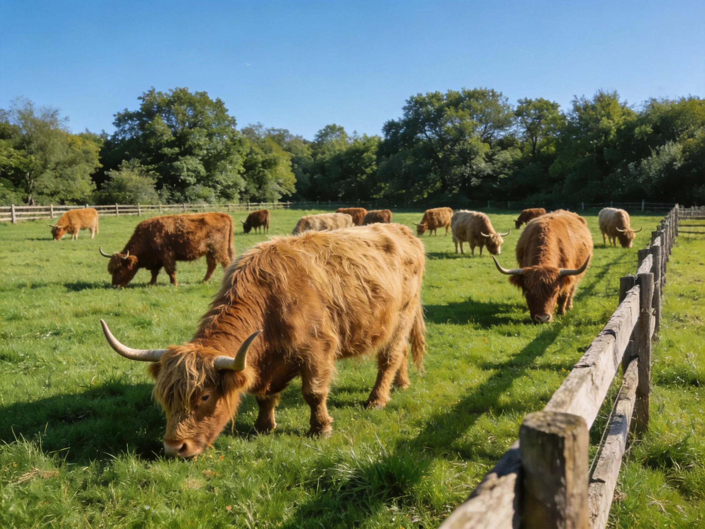 A herd of brown Highland cattle graze in a sunny fenced pasture