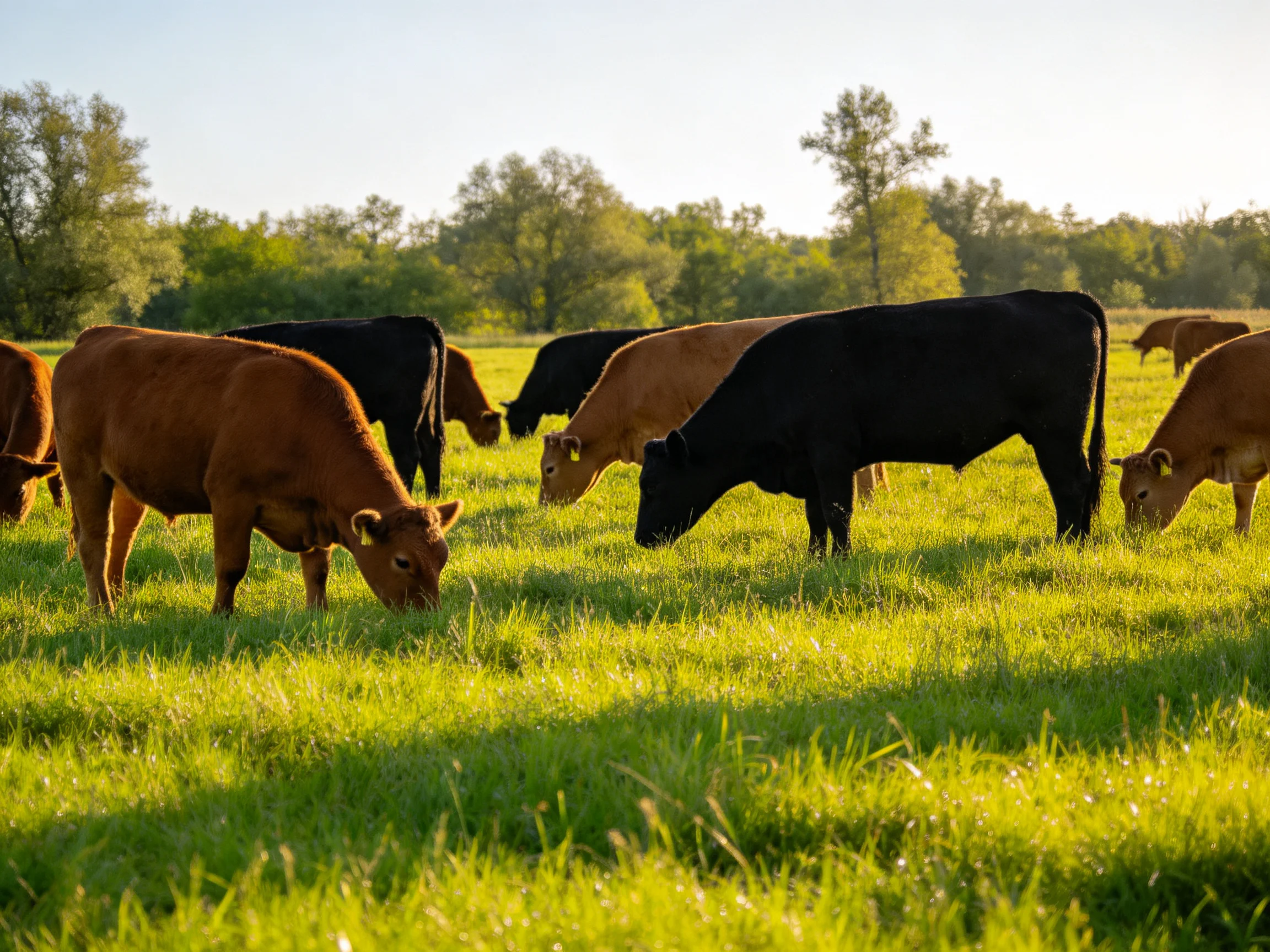 A herd of brown and black cattle graze in a sun-drenched green pasture