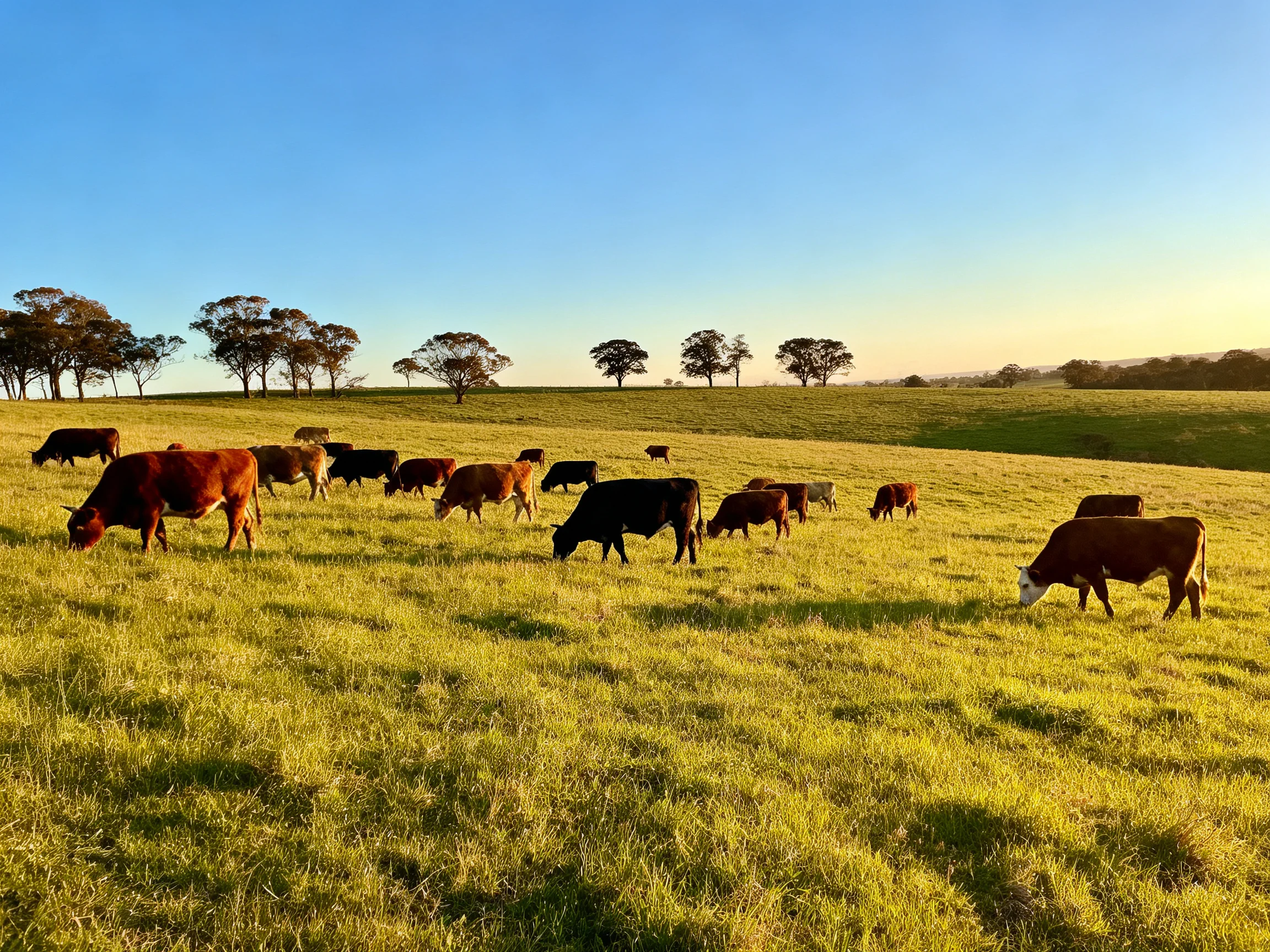 A herd of brown and black cattle grazes in a golden field with scattered trees