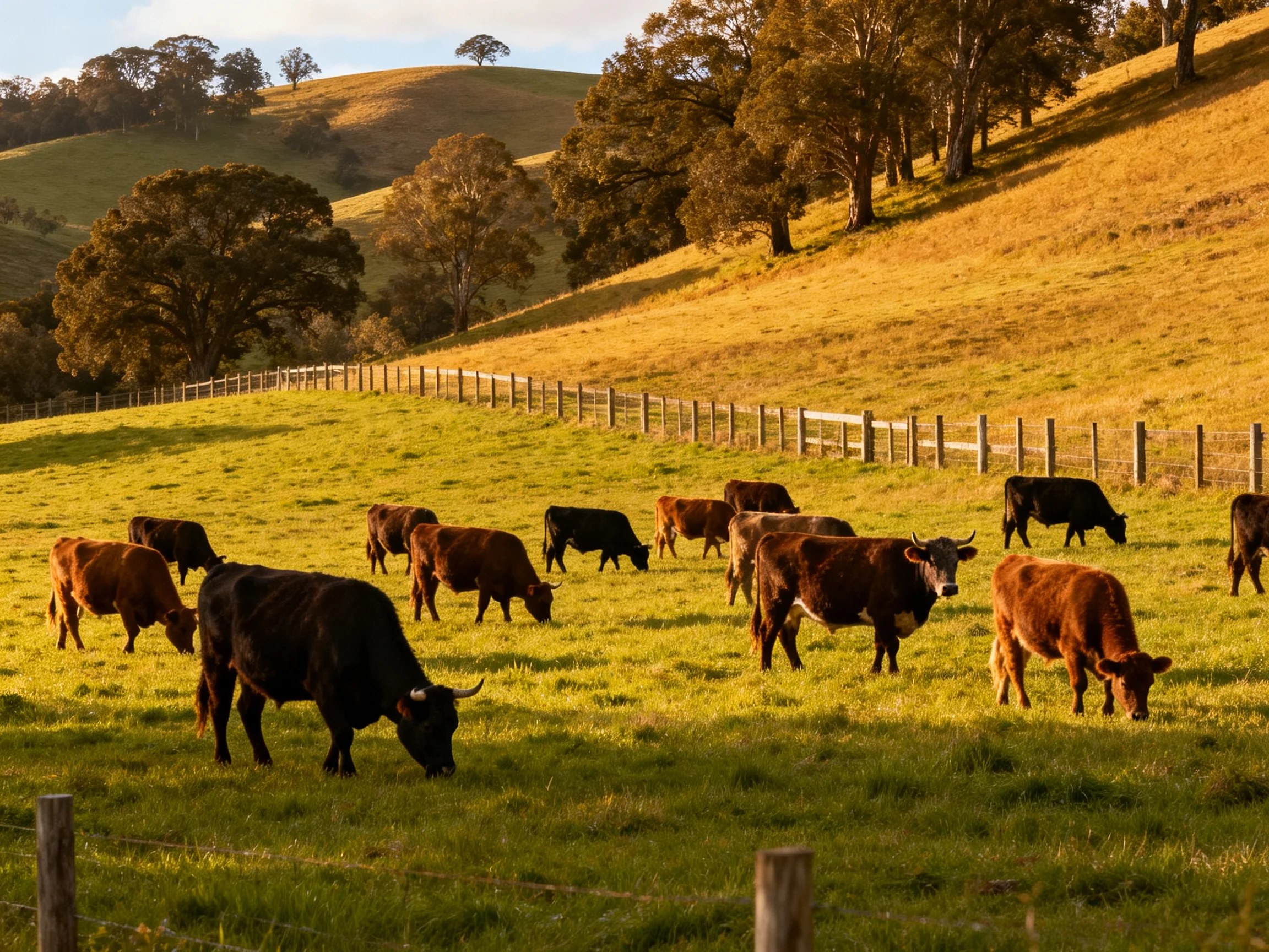A herd of brown and black cattle grazes