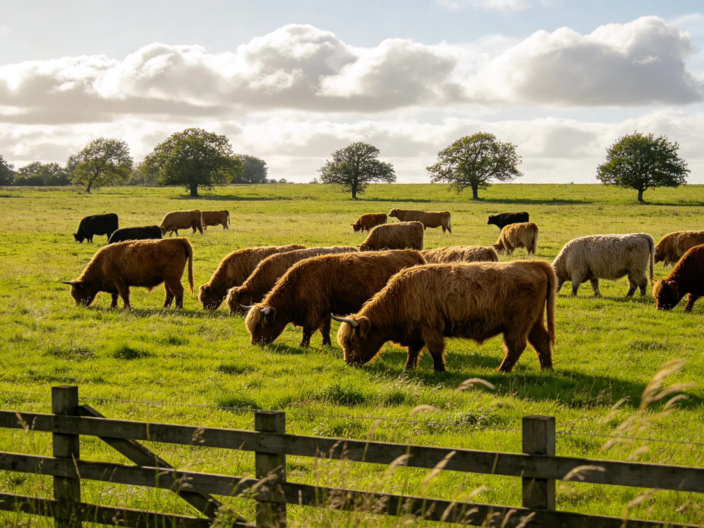 A herd of brown and black cattle grazing in a lush green pasture