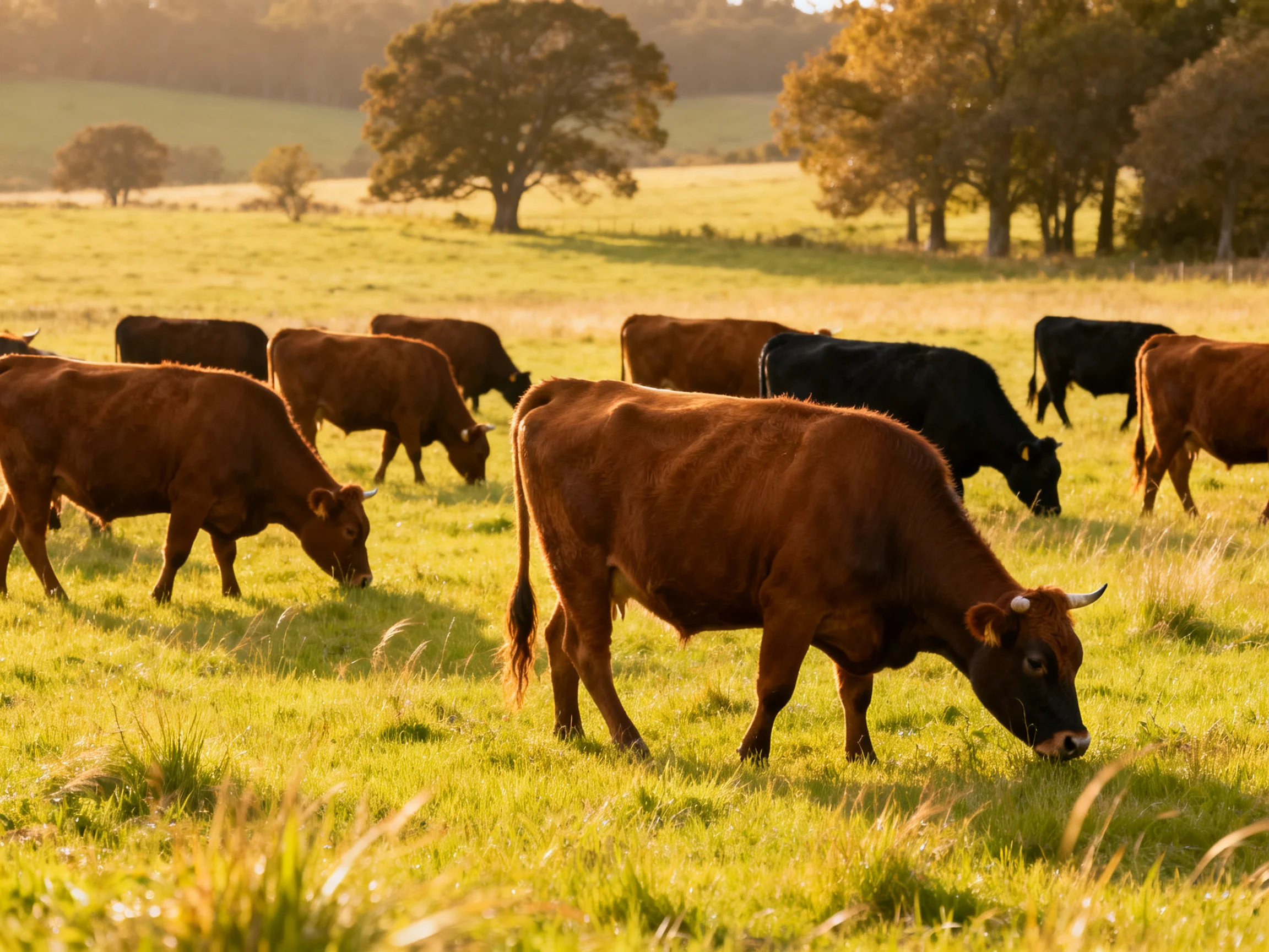 A herd of brown and black cattle grazing in a sunlit meadow