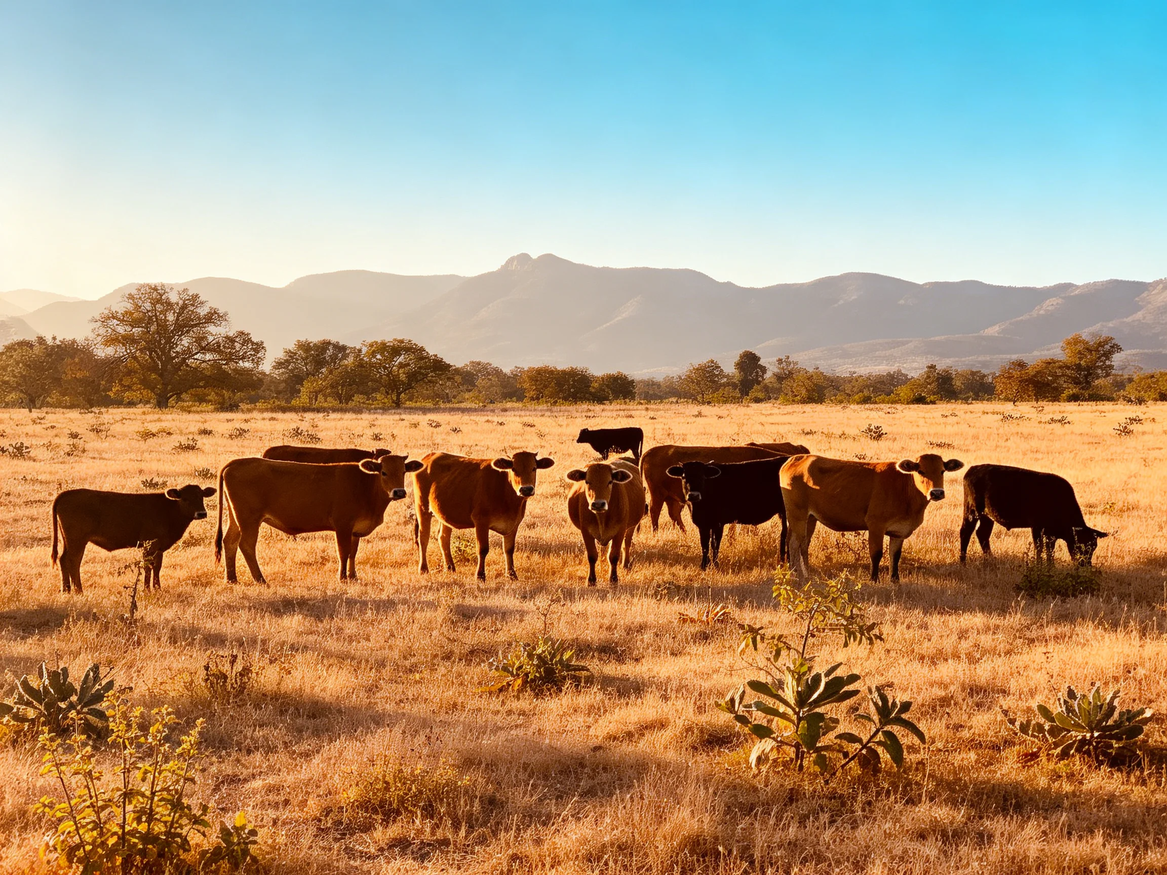 A herd of brown and black cattle in a golden field with distant mountains