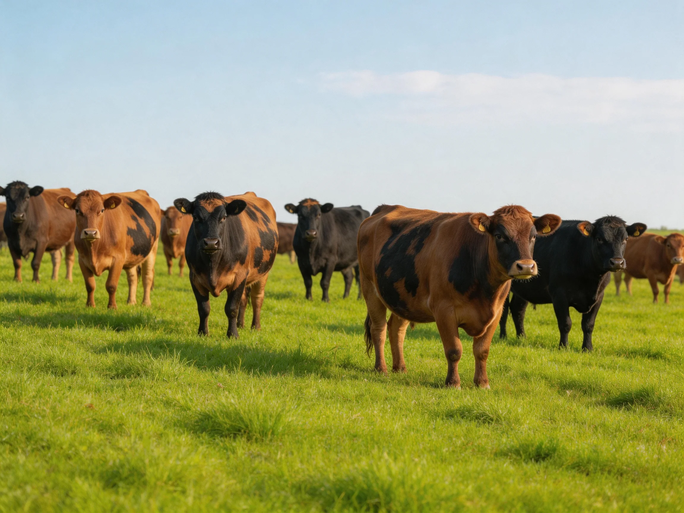 A herd of brown and black cattle in a sunlit green pasture