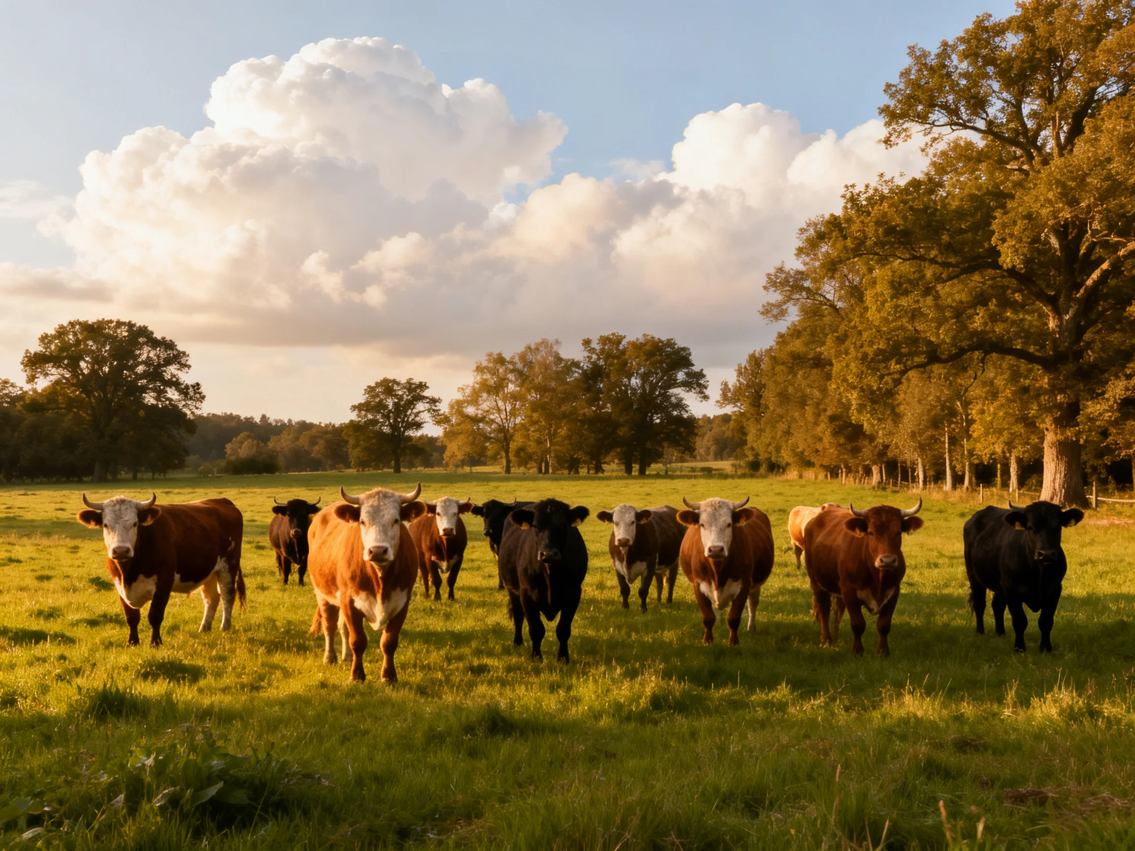 A herd of brown and black cattle in a sunlit green pasture near tall trees