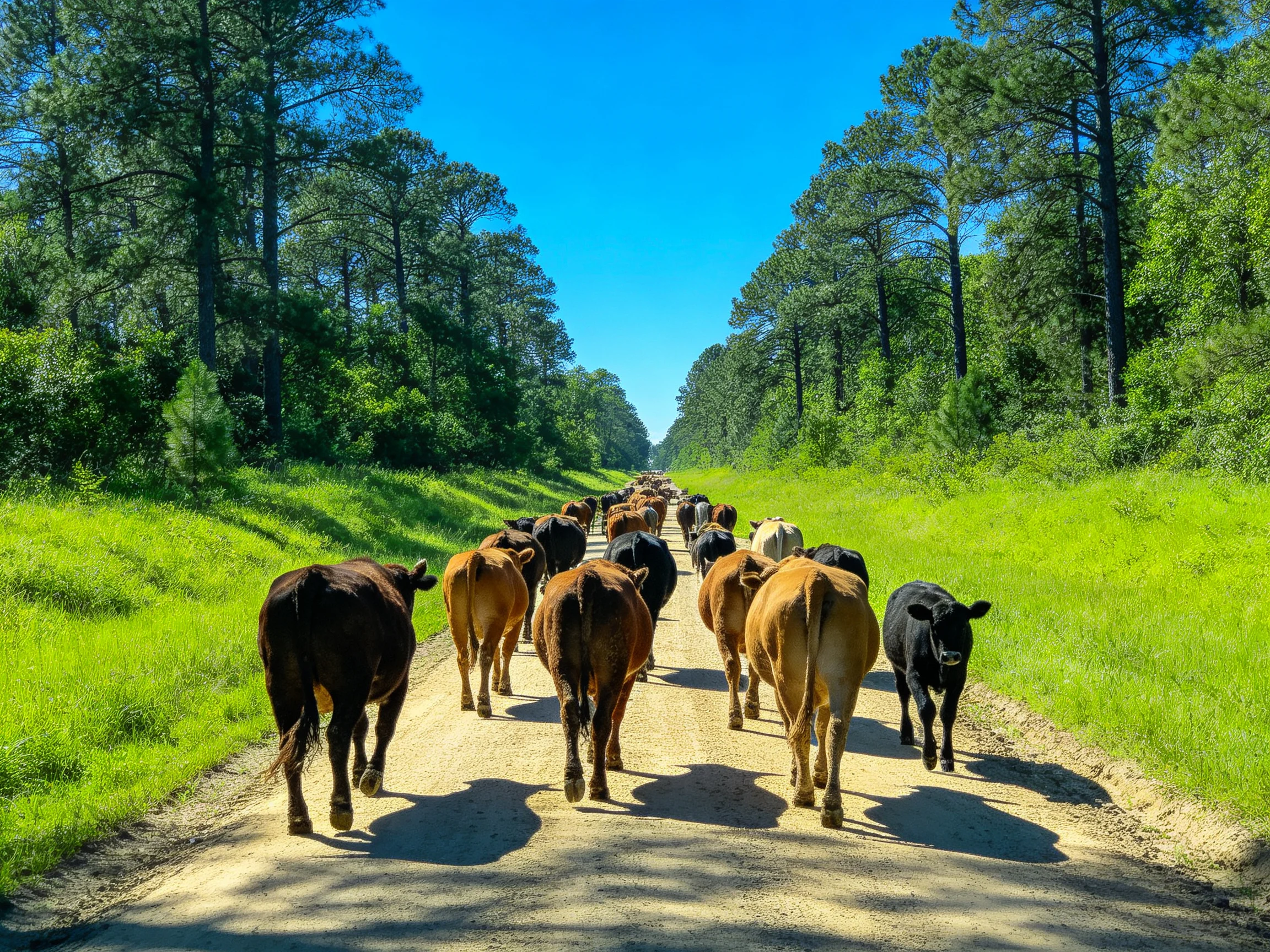 A herd of brown and black cattle walks along a sunlit dirt road