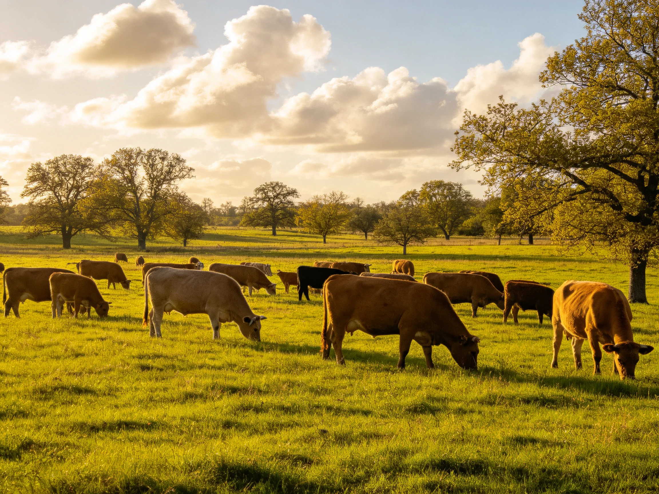 A herd of brown and black cows graze in a sunlit green pasture