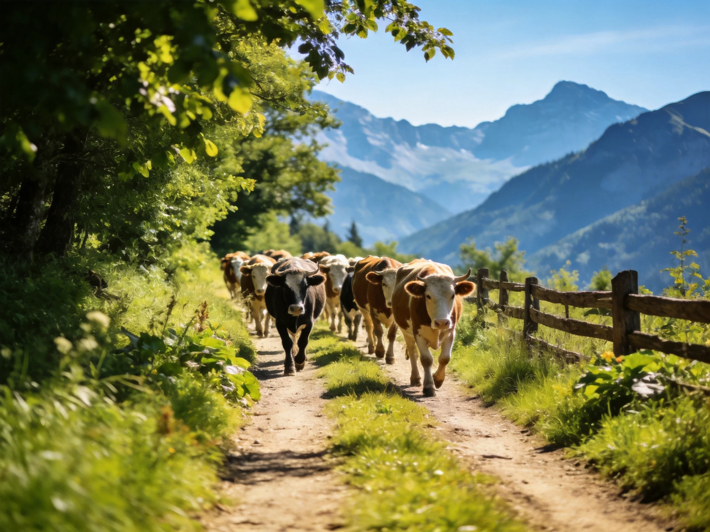 A herd of brown and black cows walks along a dirt path near mountains
