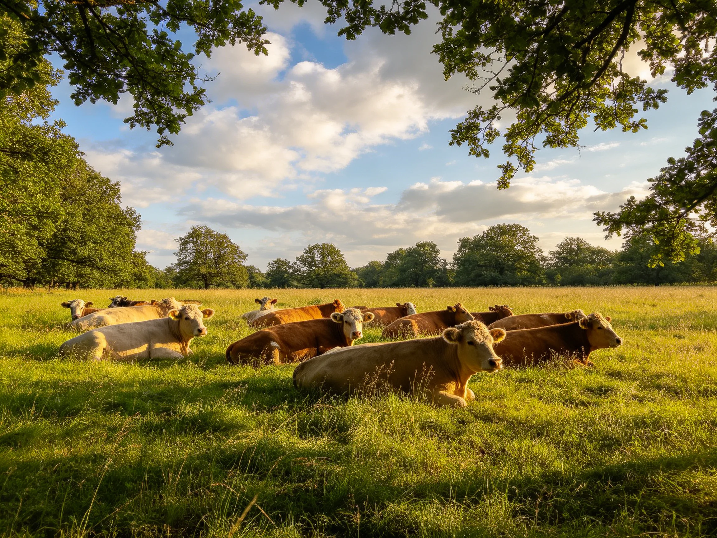 A herd of brown and cream cattle resting in a sunlit meadow