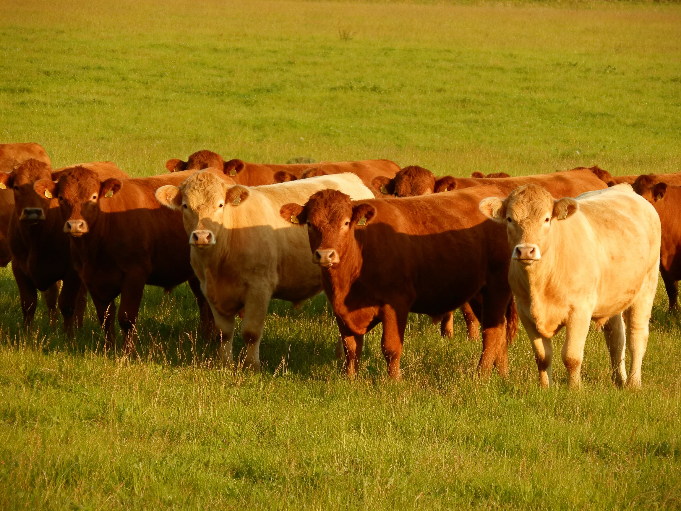 A herd of brown and tan cattle gathers in a sunlit green pasture