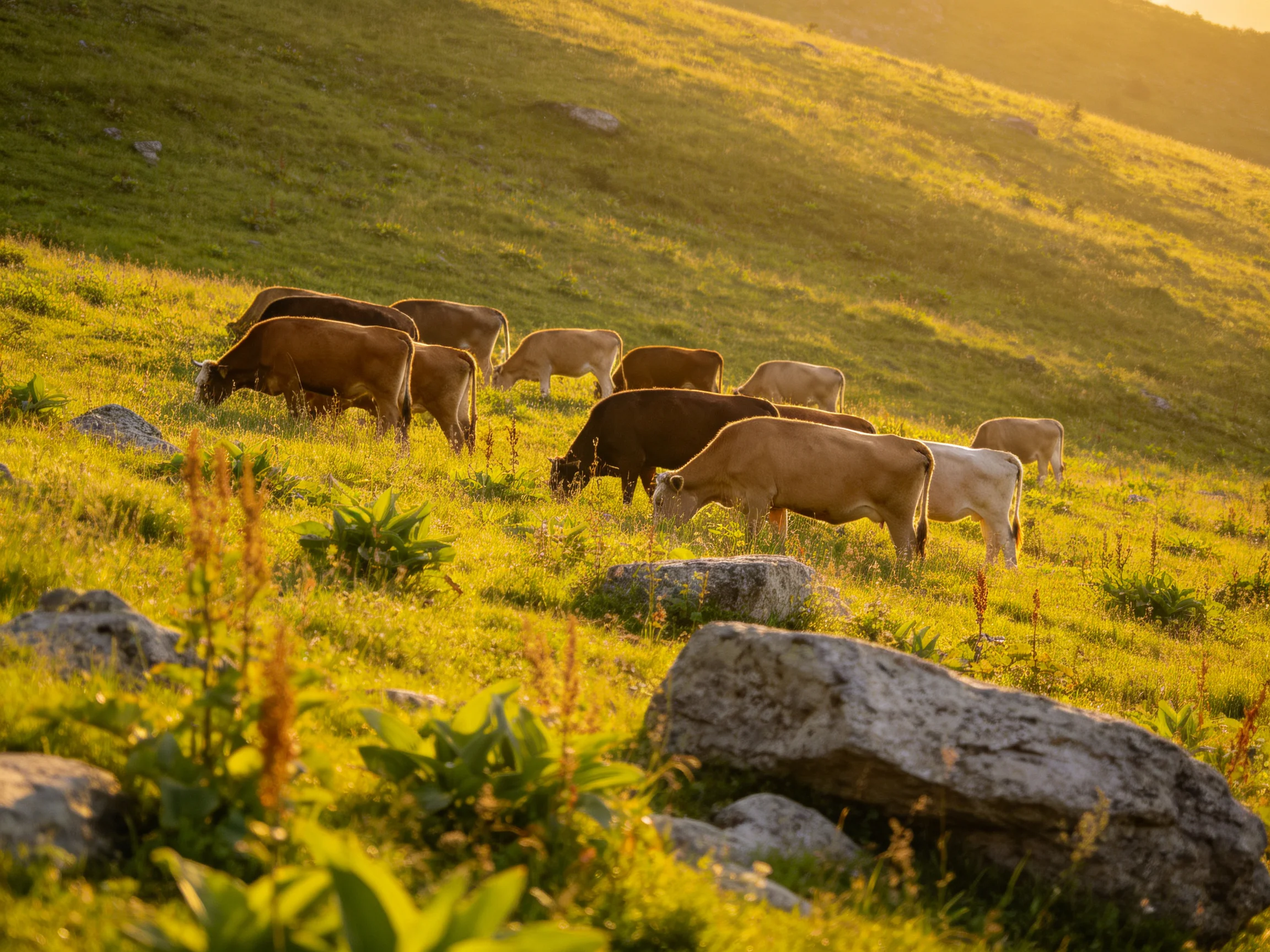 A herd of brown and tan cows graze on a sunlit green hillside