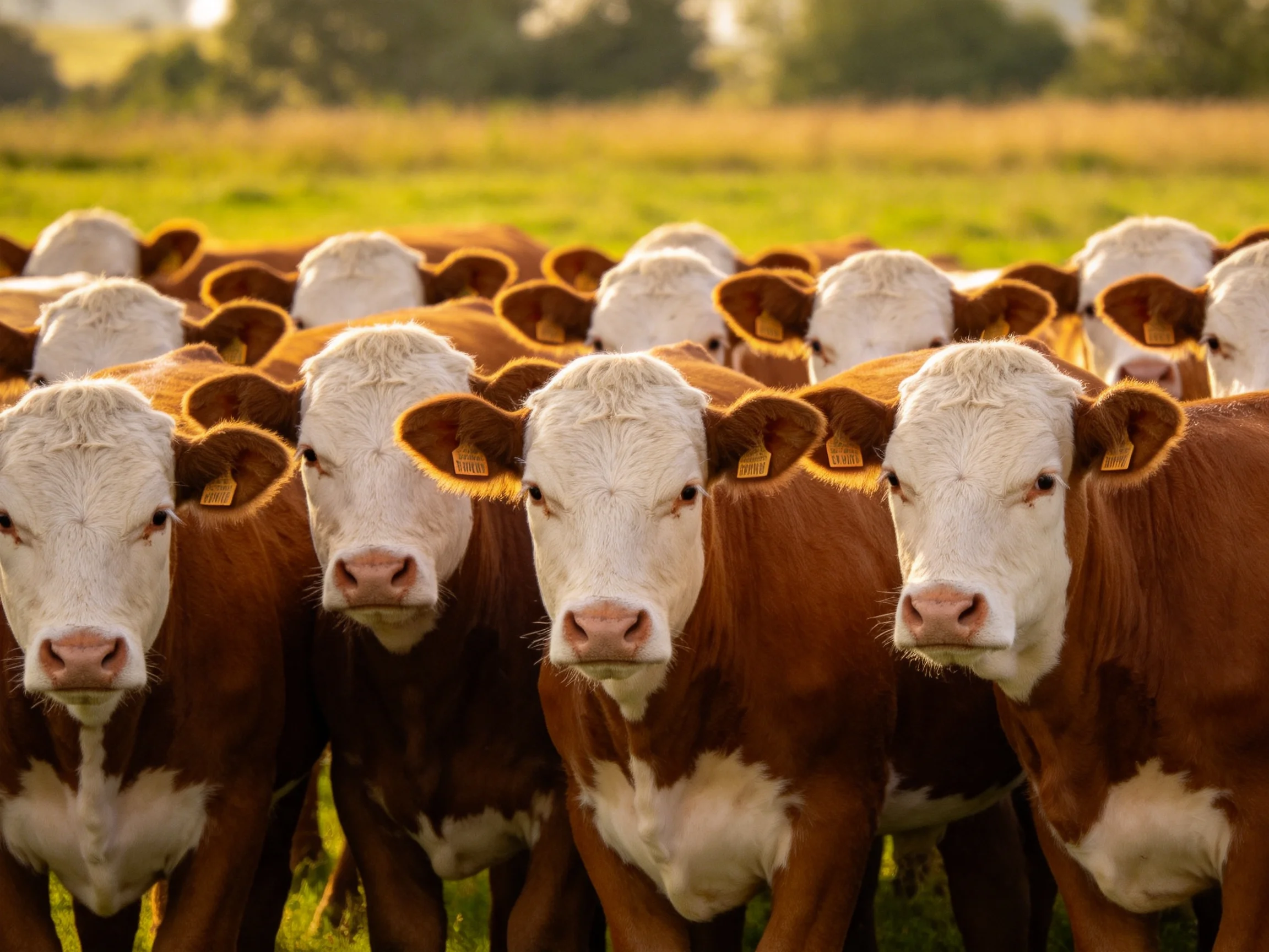 A herd of brown and white calves gathered in a sunlit pasture