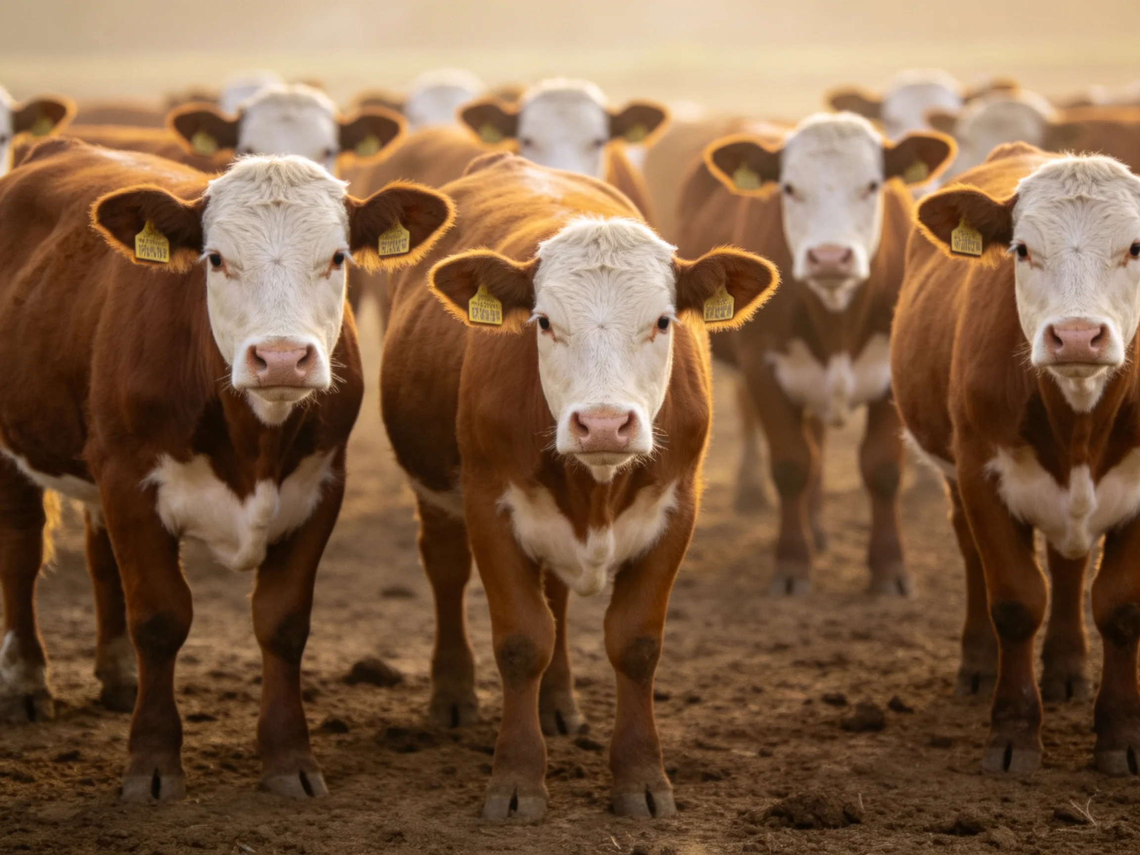 A herd of brown and white cattle gathered in a dusty field