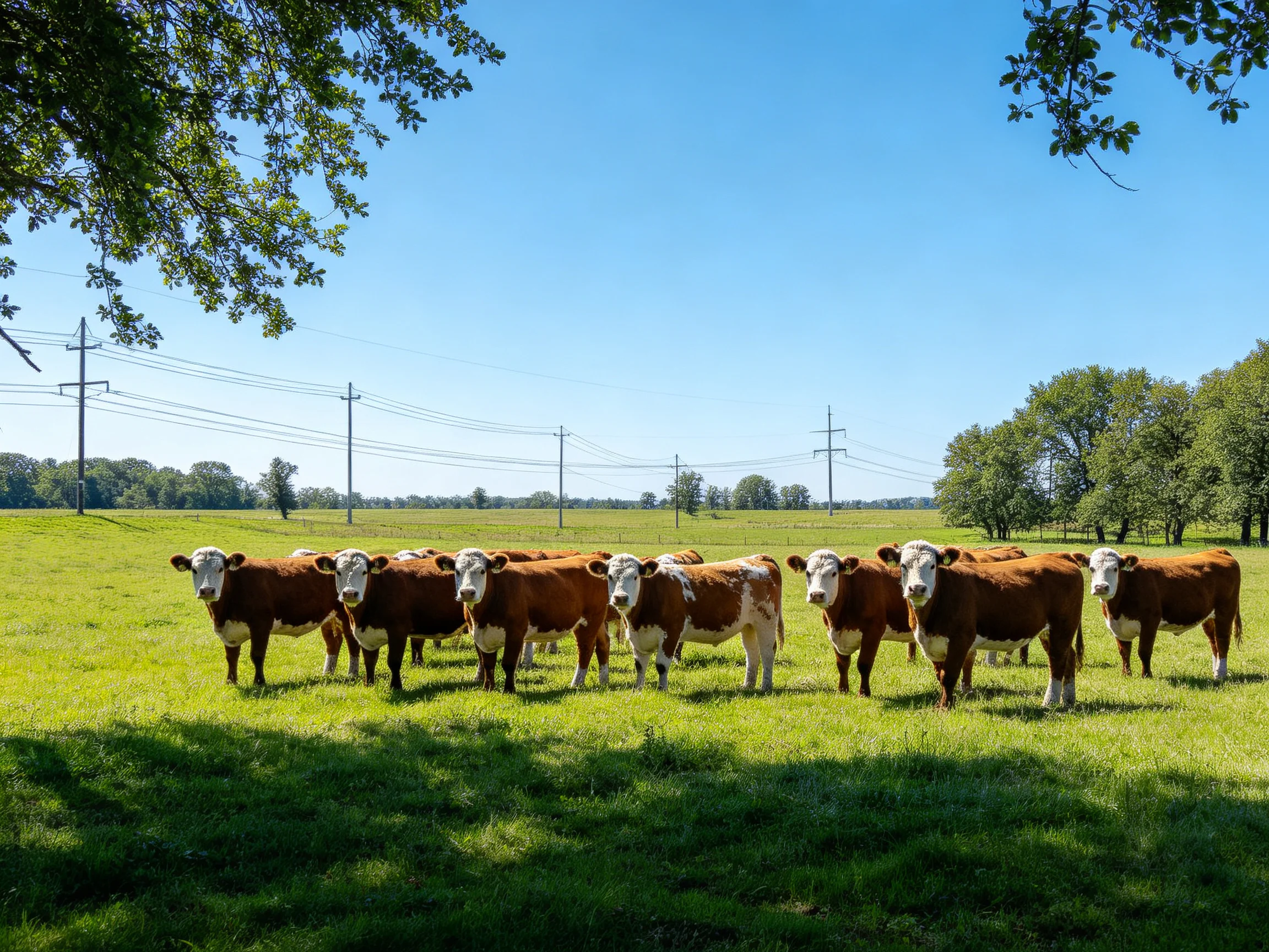 A herd of brown-and-white cattle gathers in a lush green pasture under blue skies