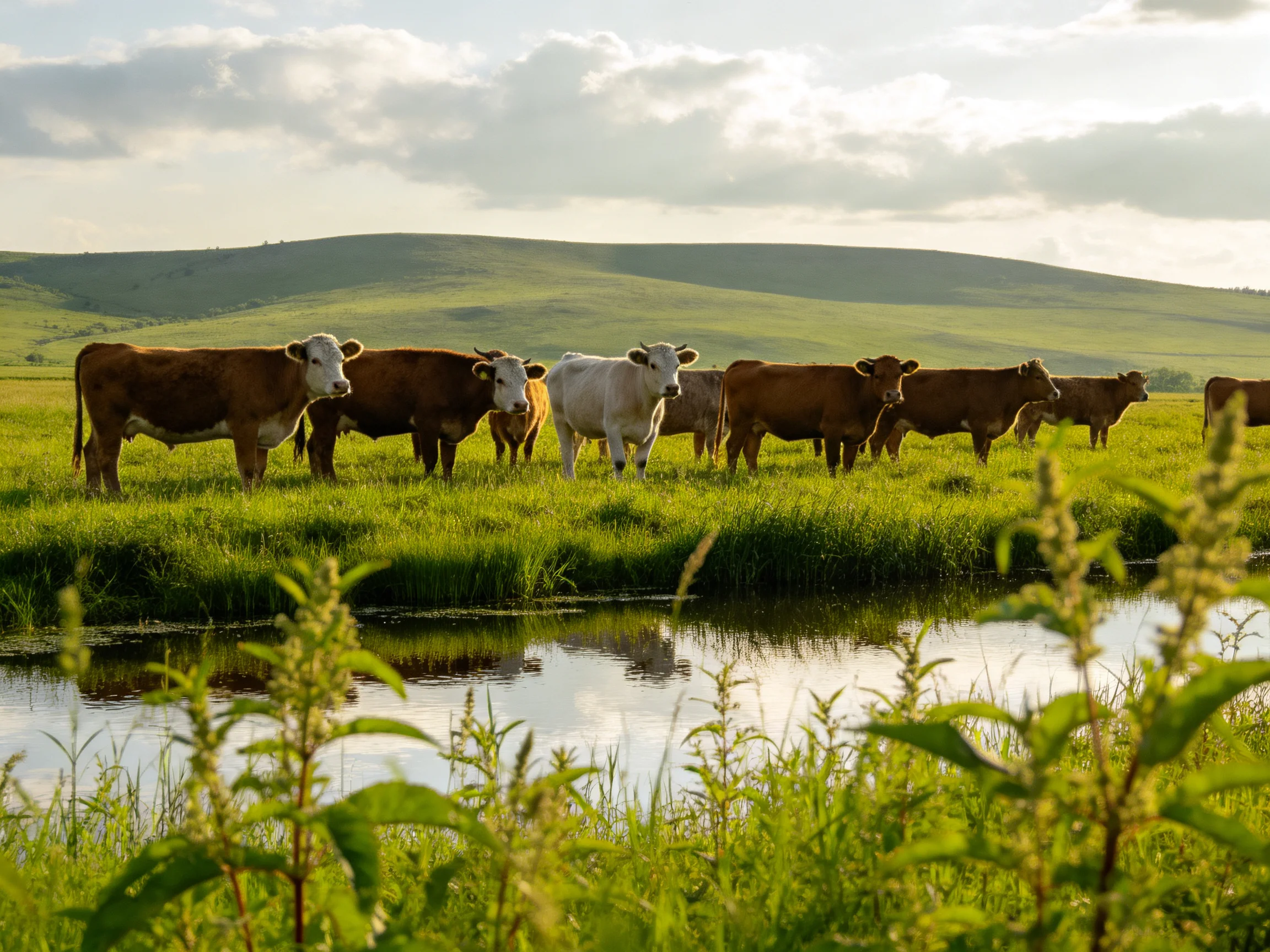 A herd of brown and white cattle gathers near a calm stream with rolling green hills