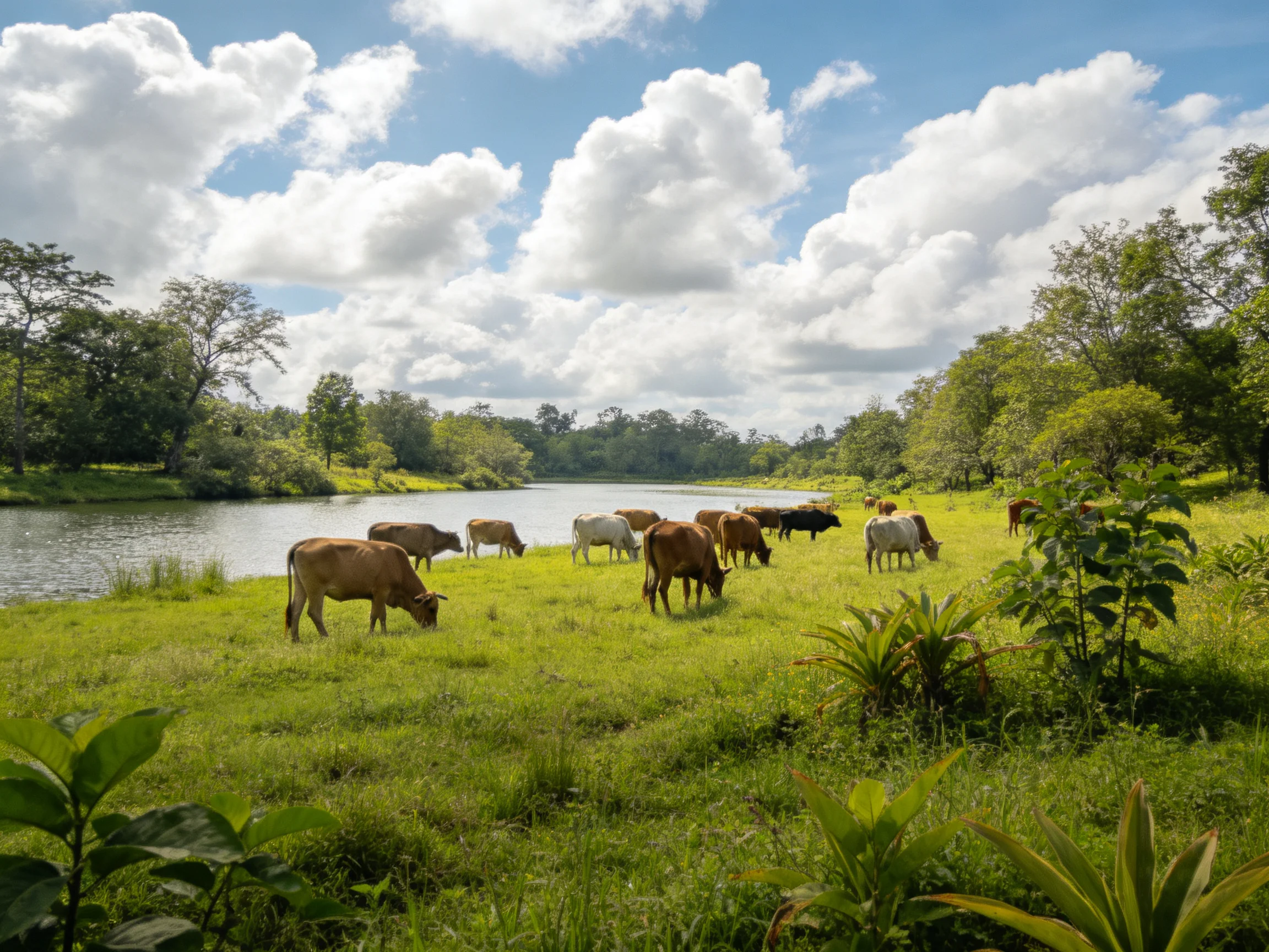 A herd of brown and white cattle graze near a calm river under bright skies