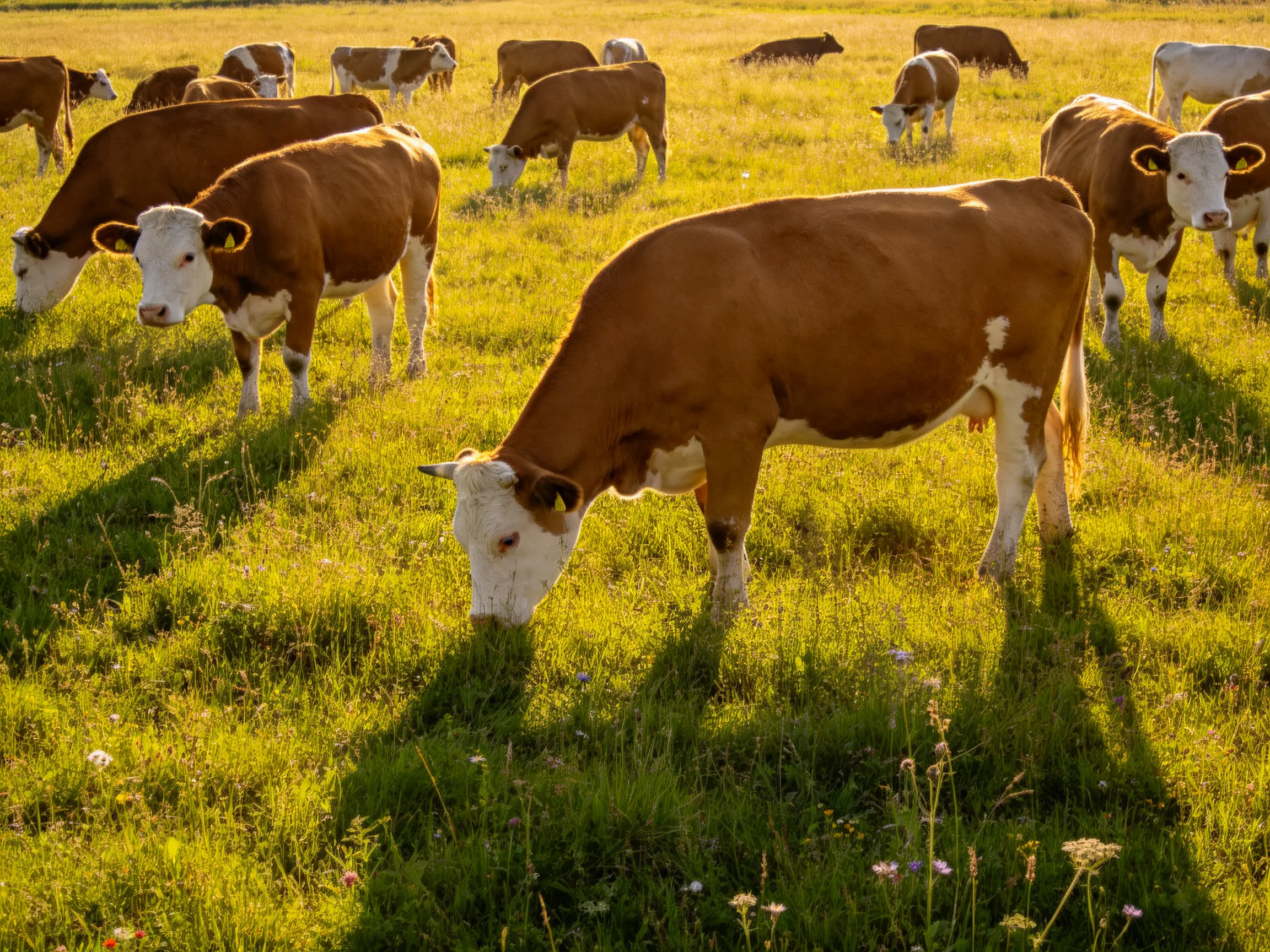 A herd of brown and white cattle grazing in a lush green meadow