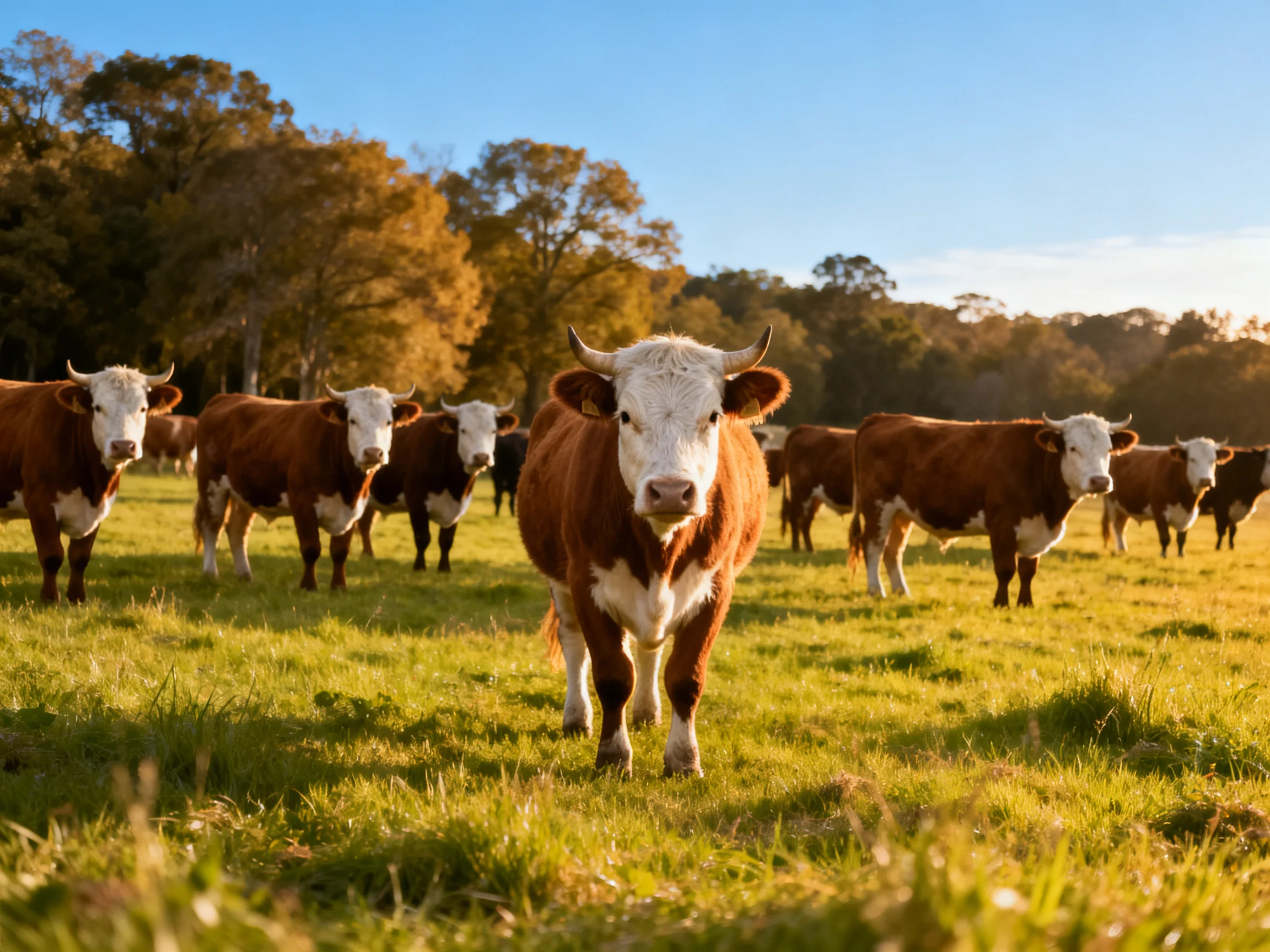 A herd of brown-and-white cattle grazing in a sunlit green pasture
