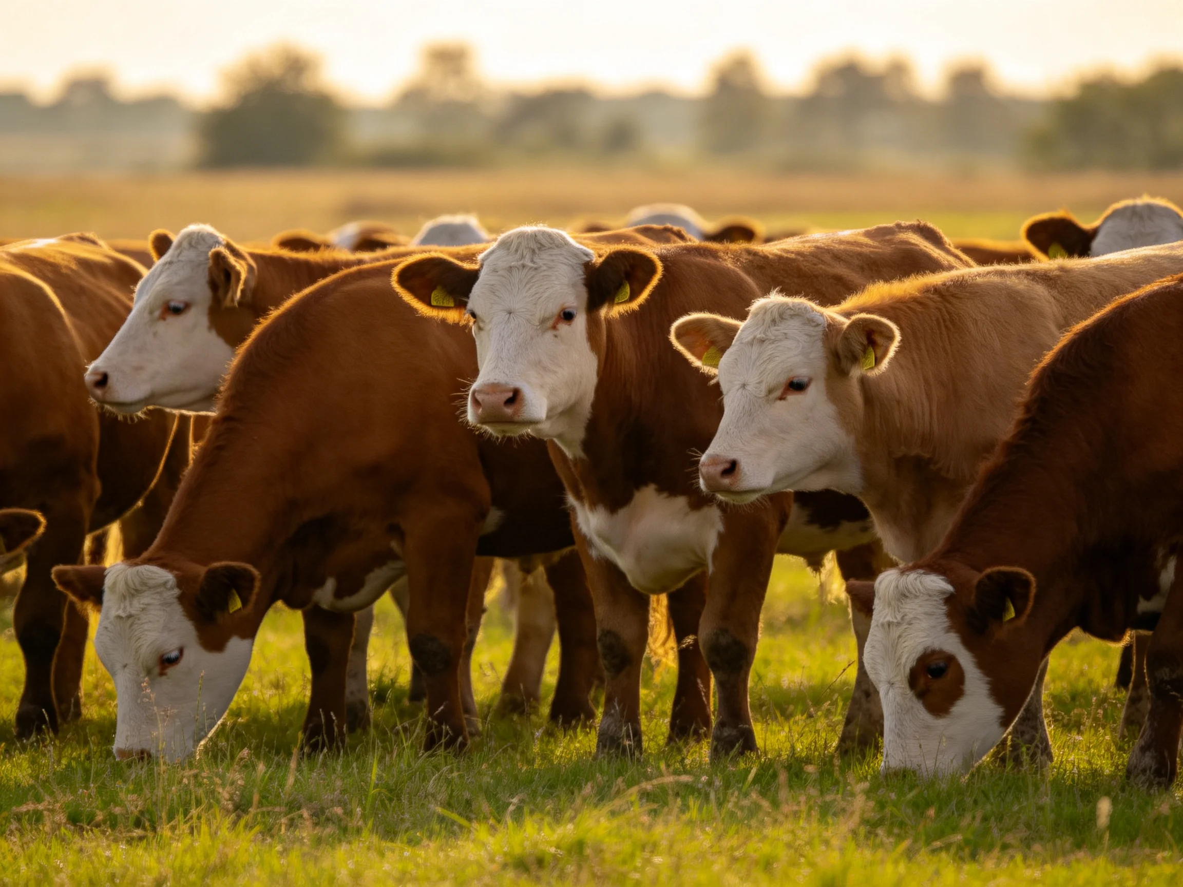 A herd of brown and white cattle grazing in a sunlit pasture