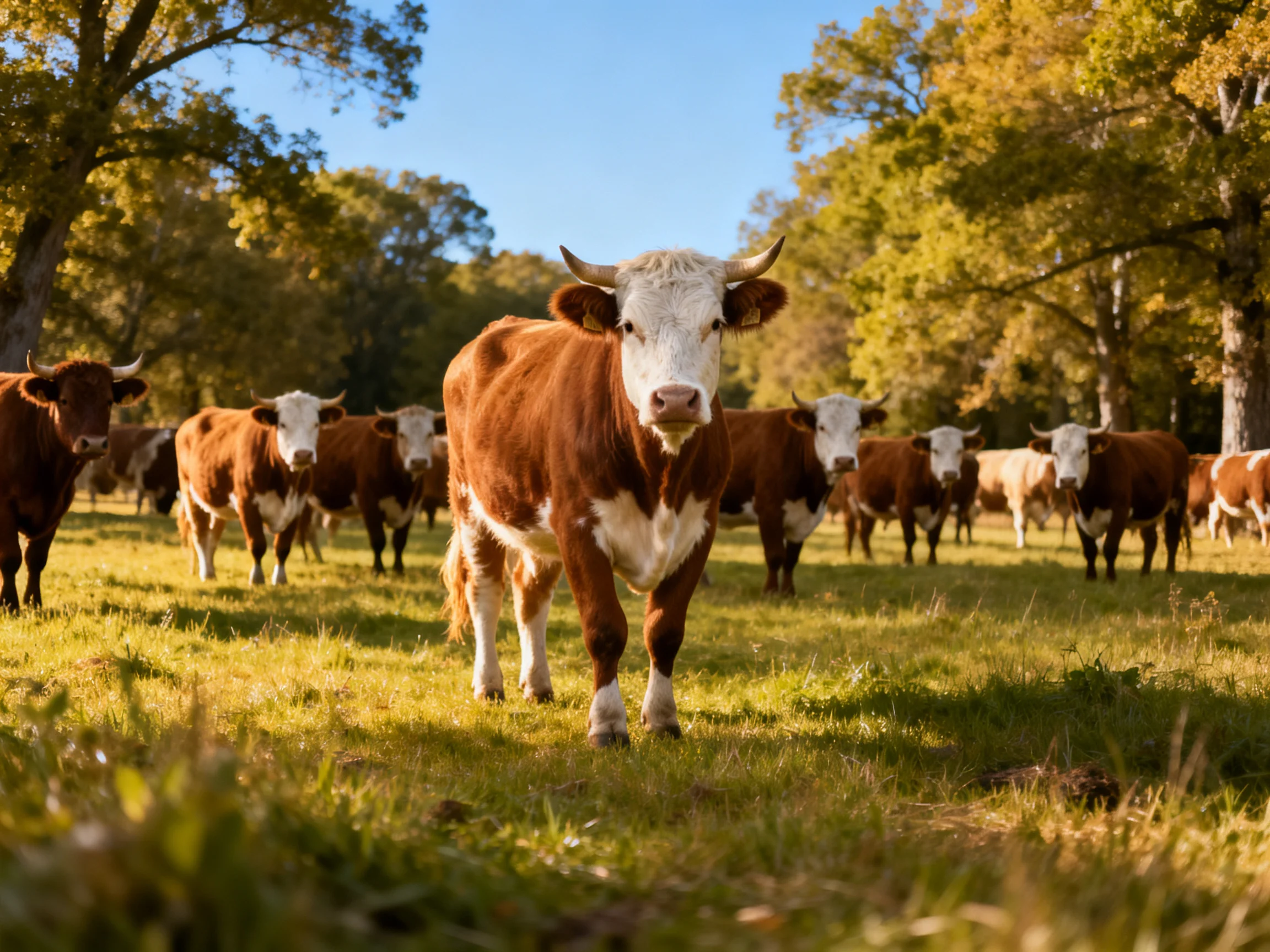 A herd of brown and white cattle grazing in a sunlit pasture