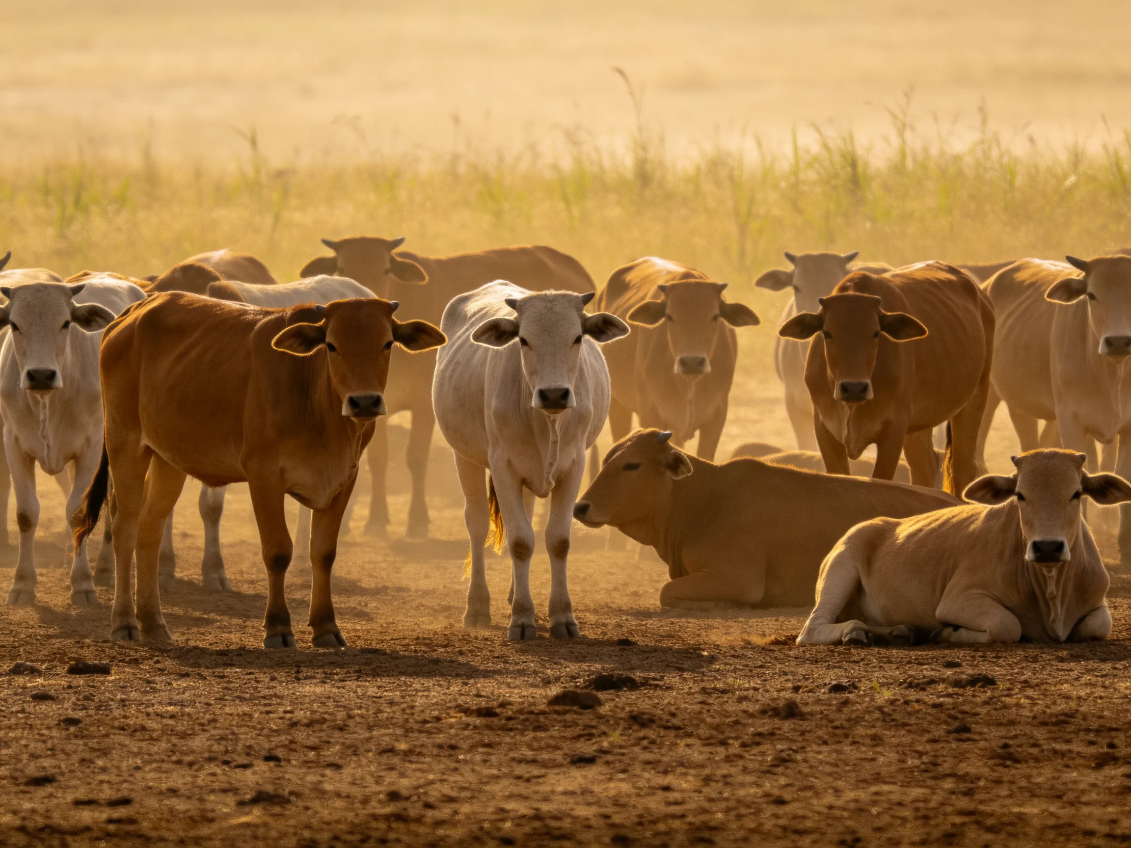 A herd of brown and white cattle in a dusty sunlit field