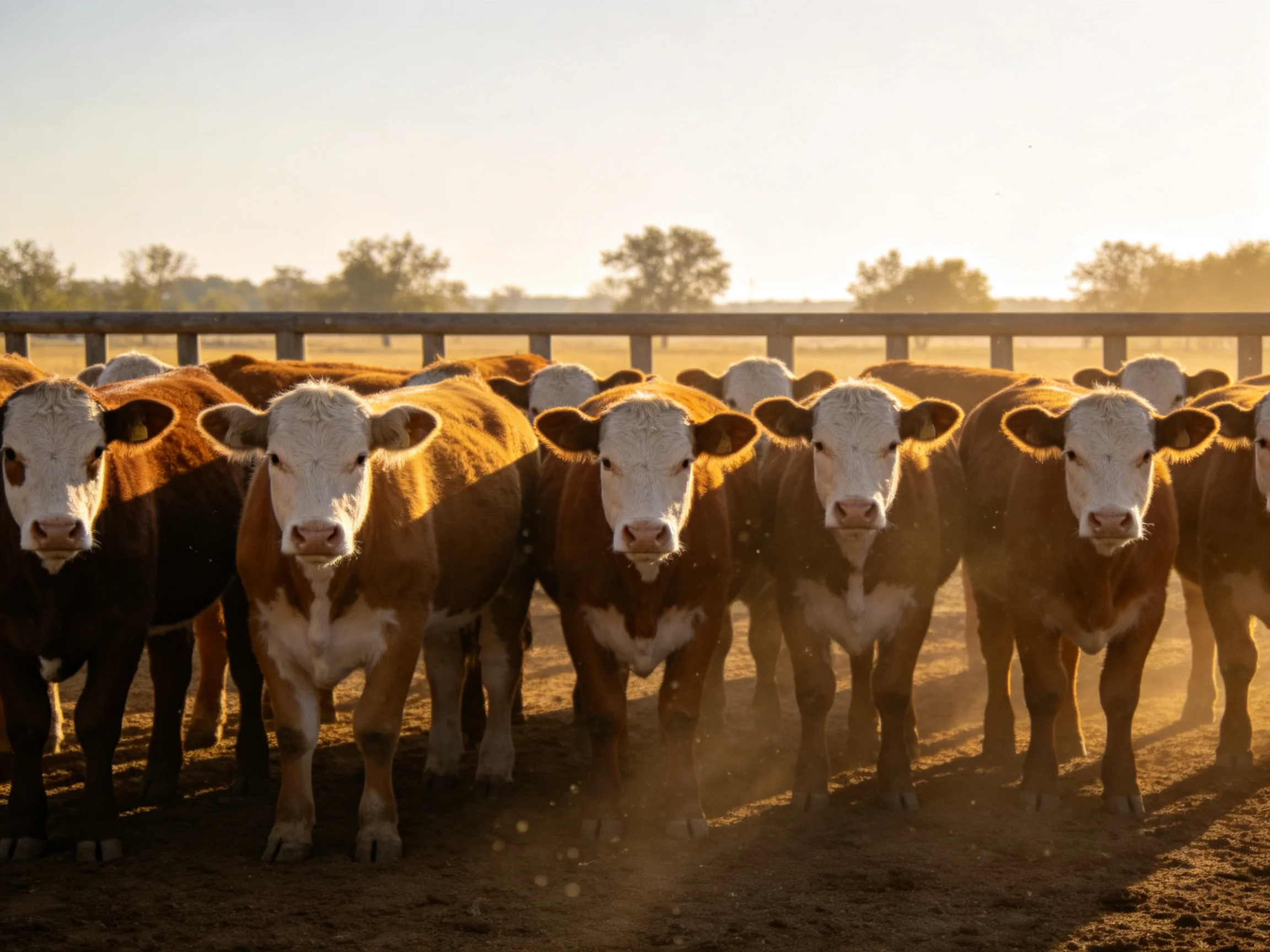 A herd of brown and white cattle in a sunlit enclosure