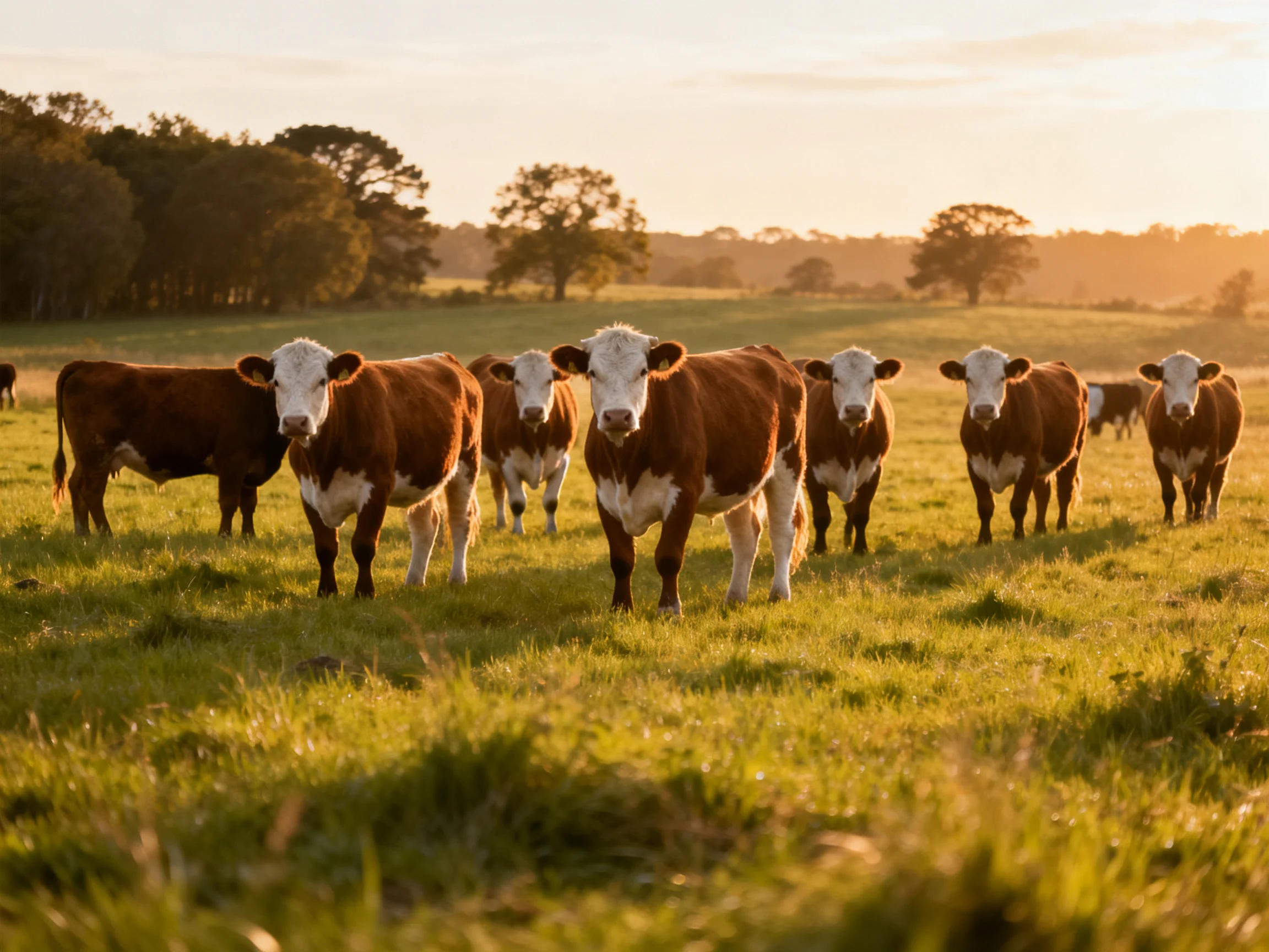 A herd of brown-and-white cattle in a sunlit grassy field