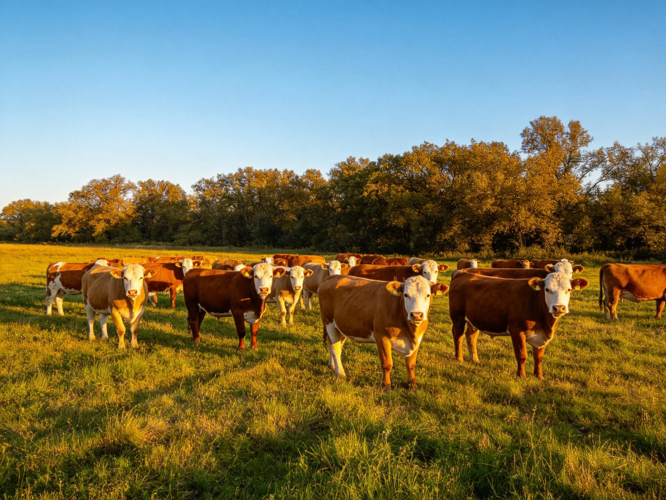 A herd of brown-and-white cattle in a sunlit green pasture