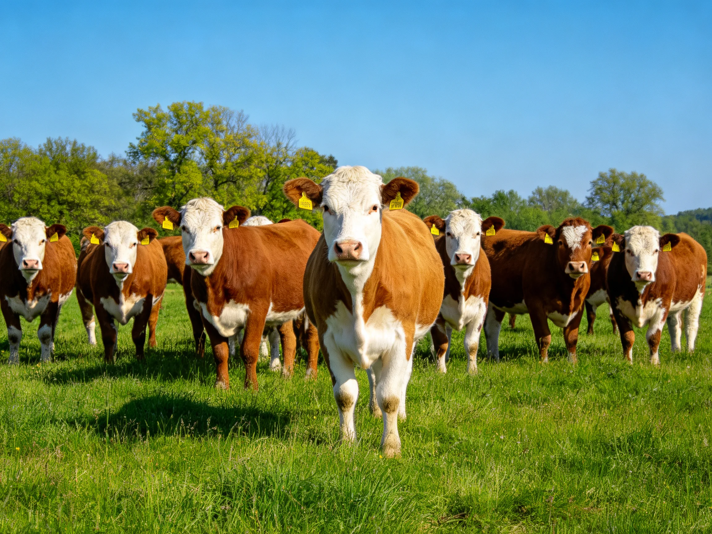 A herd of brown and white cattle in a sunlit green pasture