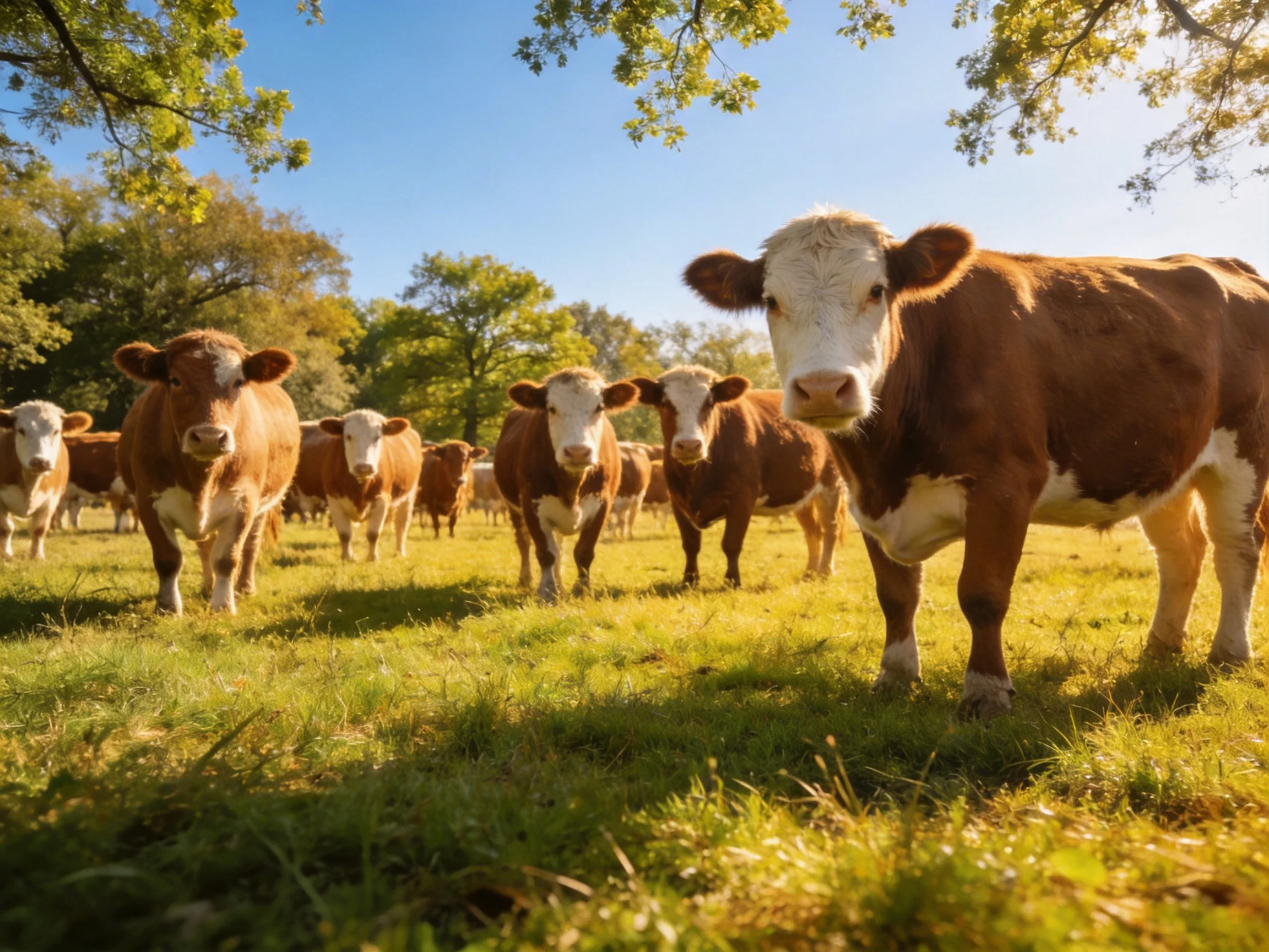 A herd of brown and white cattle in a sunlit pasture